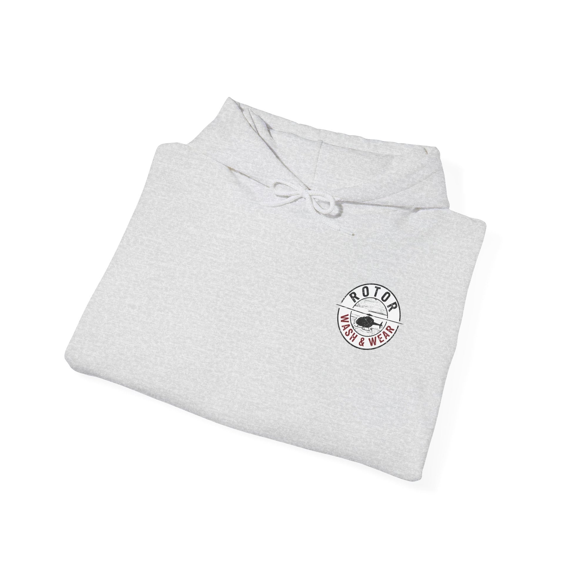 Folded gray hoodie with a Rotor Wash & Wear logo on a white background