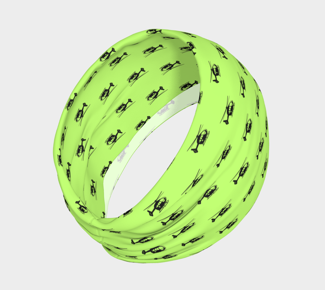 Lime green headband with helicopter pattern on white background