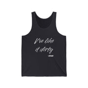 Dark gray tank top with white text 'We like it dirty' and EMS logo on a white background