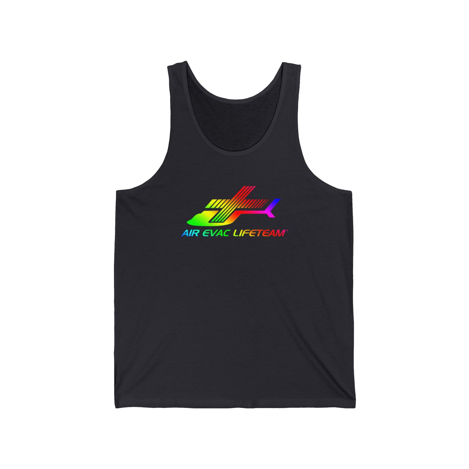 Gray tank top with rainbow Air Evac Lifeteam logo by Rotor Wash & Wear