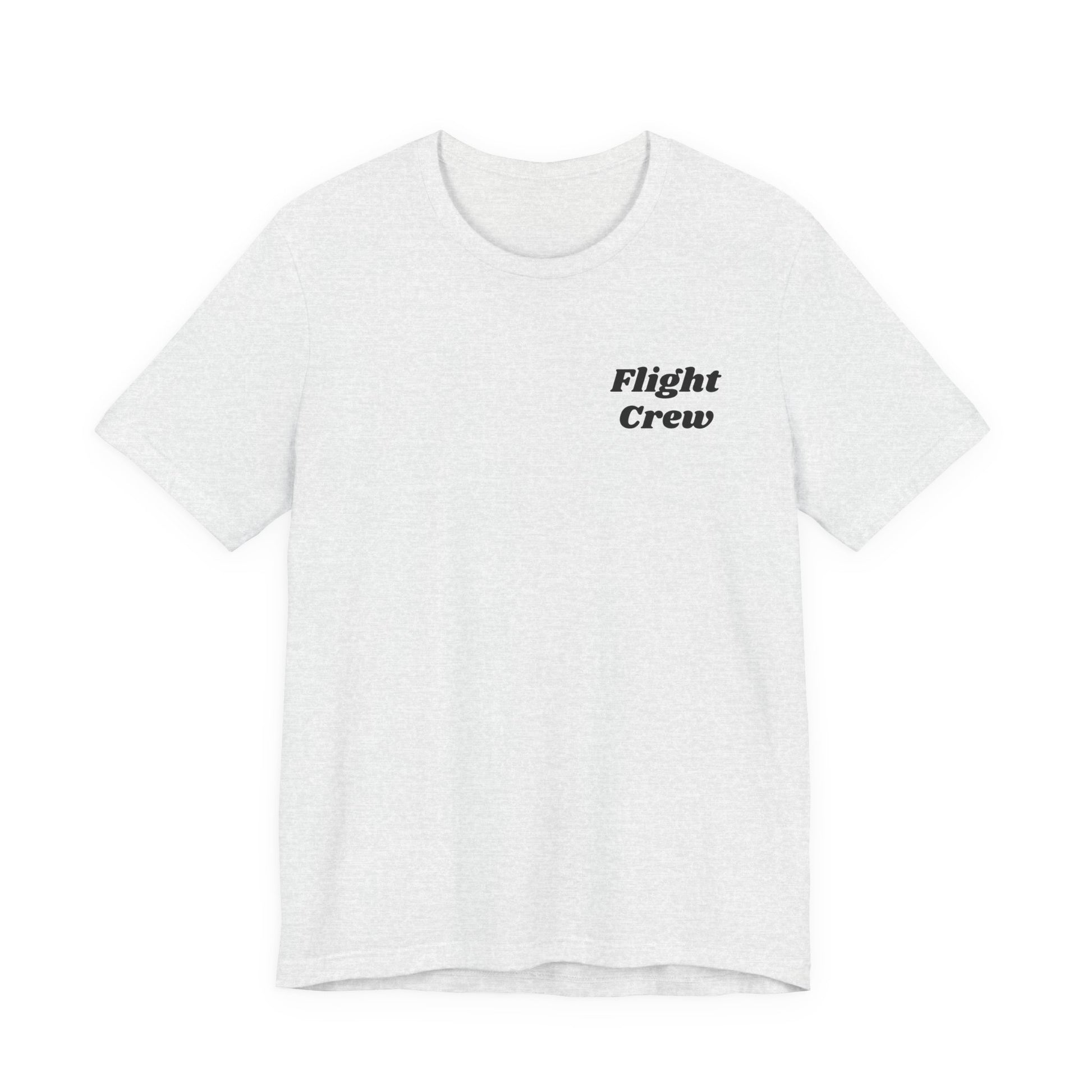 White t-shirt with 'Flight Crew' text on a white background