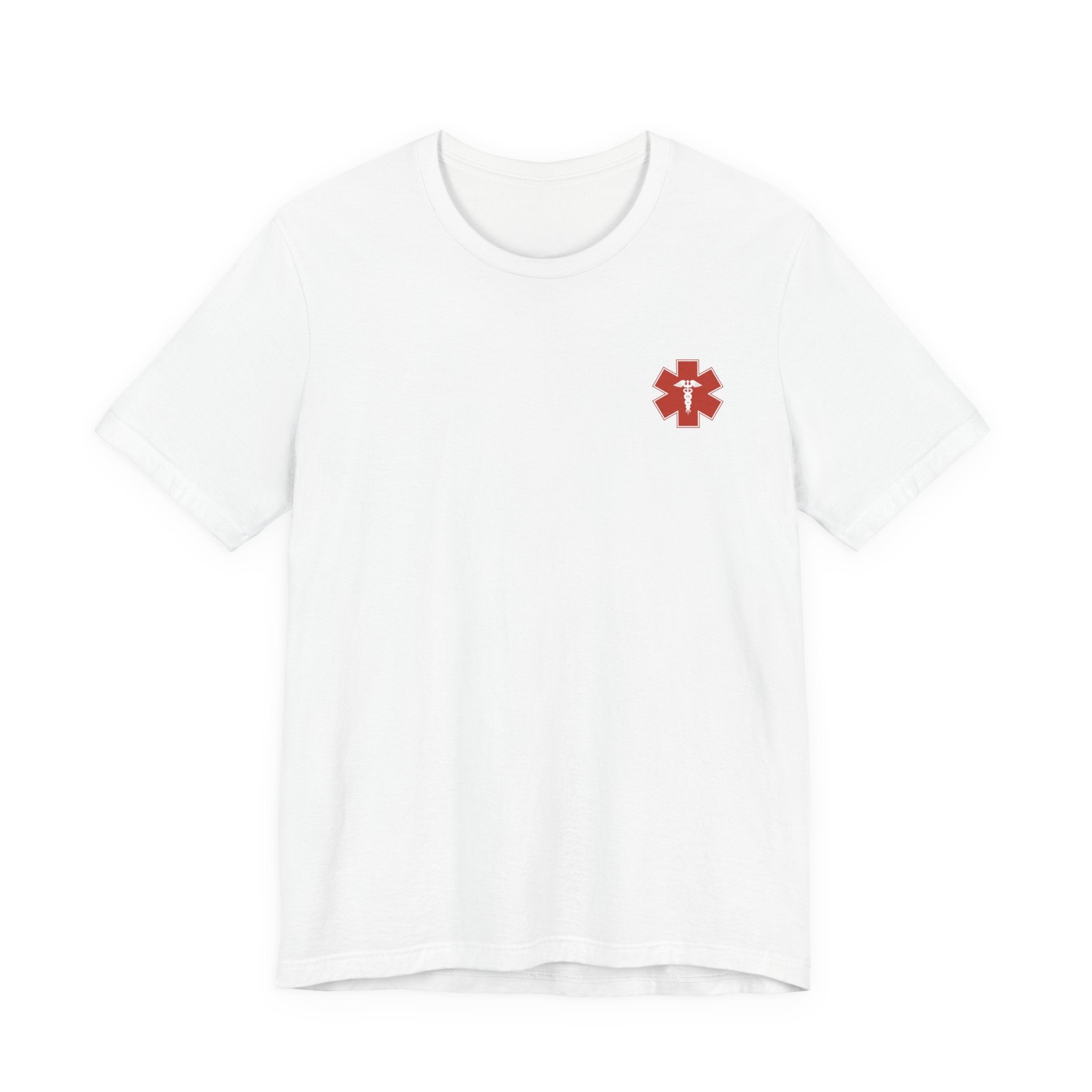 White t-shirt with a red logo of the Star of Life on a white background