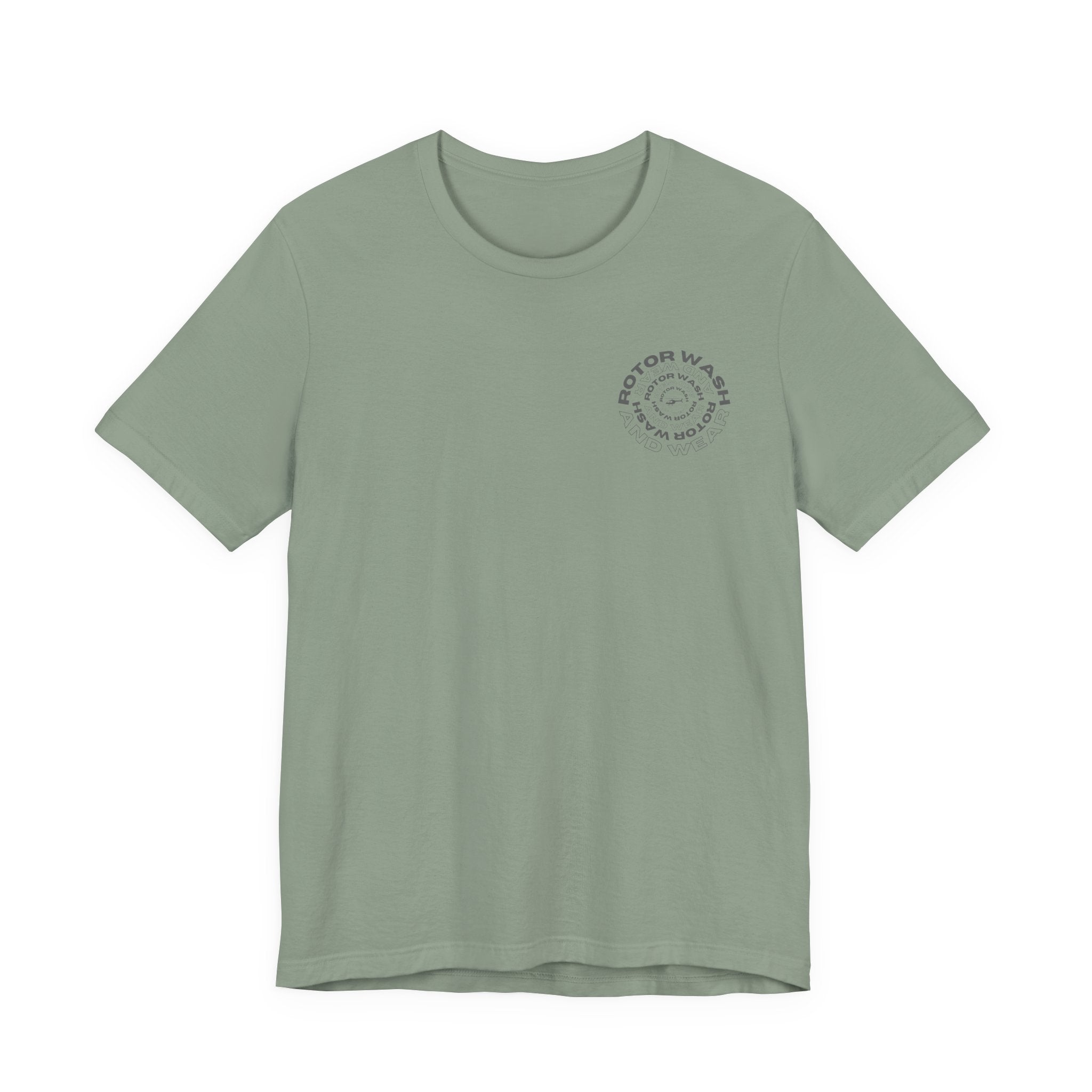 Sage t-shirt with 'Rotor Wash and Wear' circular design text design on the left chest on a white background