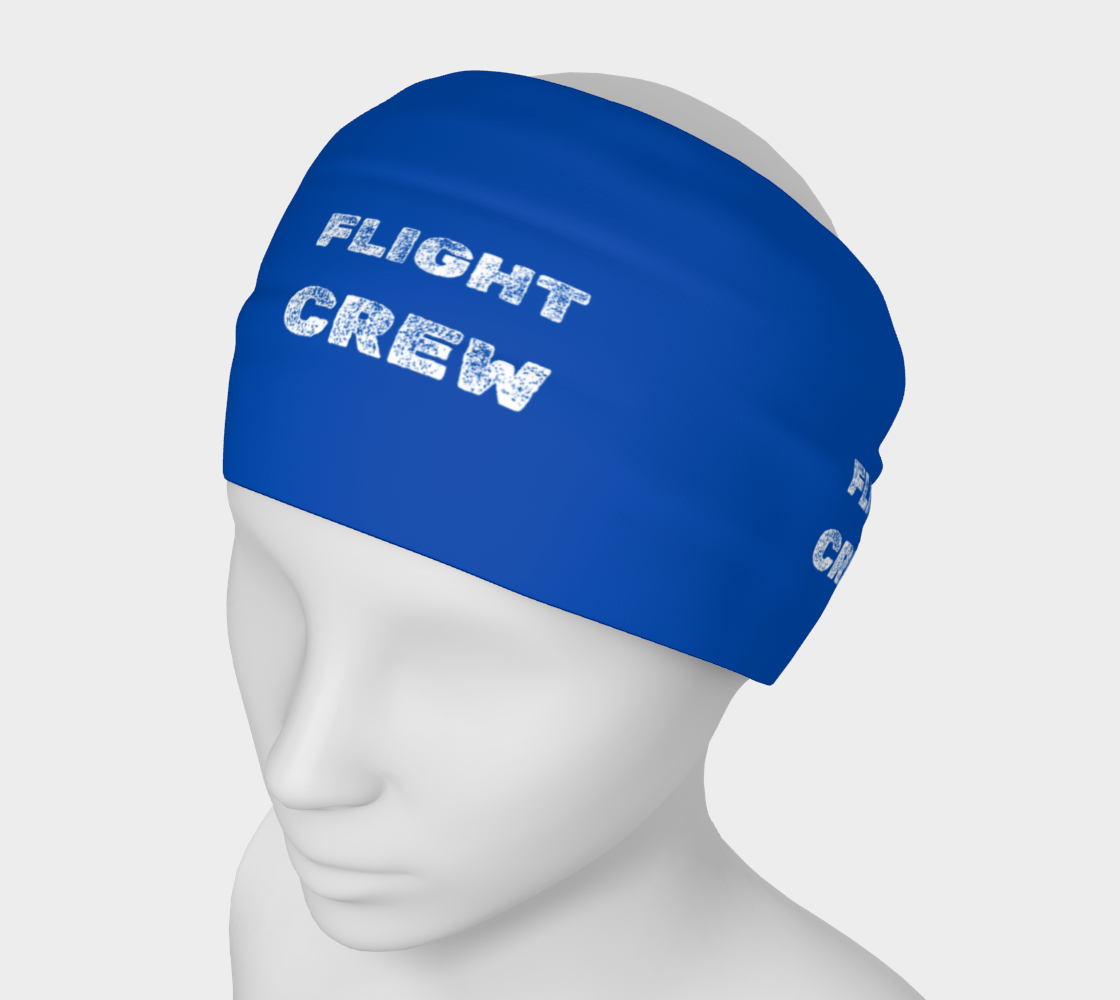 Blue headband with 'FLIGHT CREW' text on a mannequin head against a light gray background