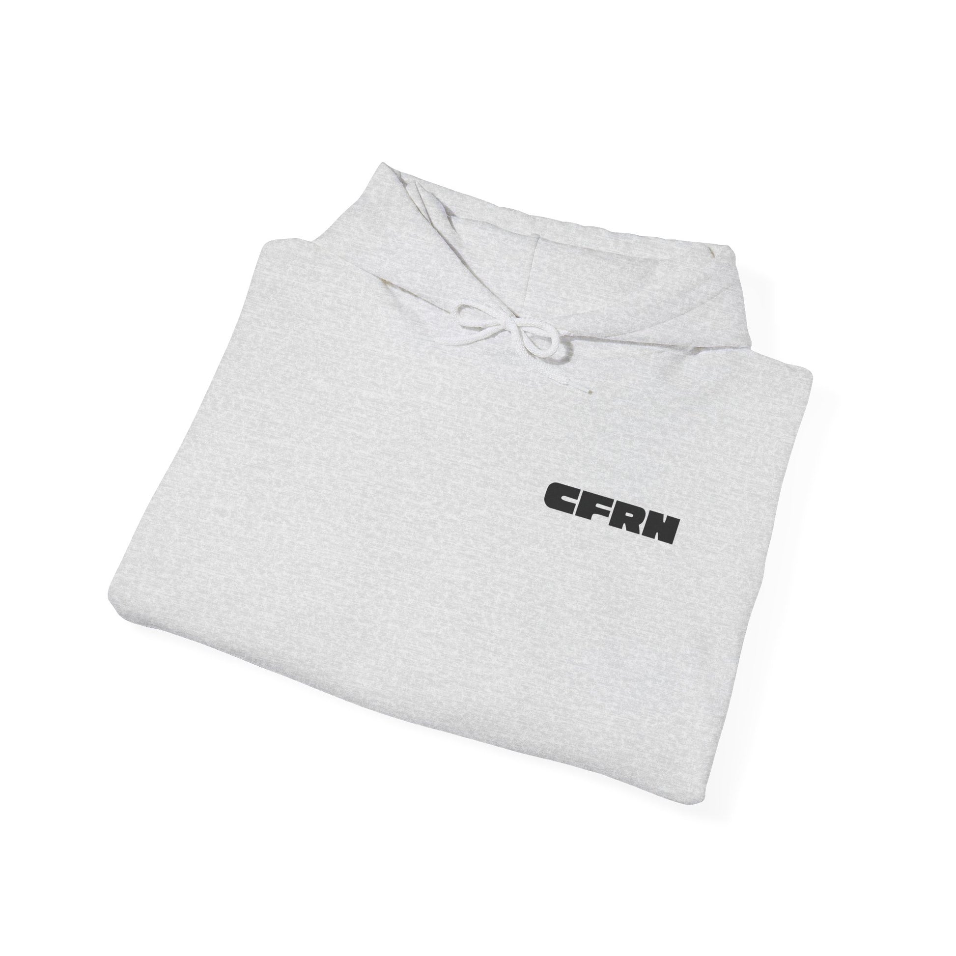 Folded gray hoodie with 'CFRN' logo on a white background