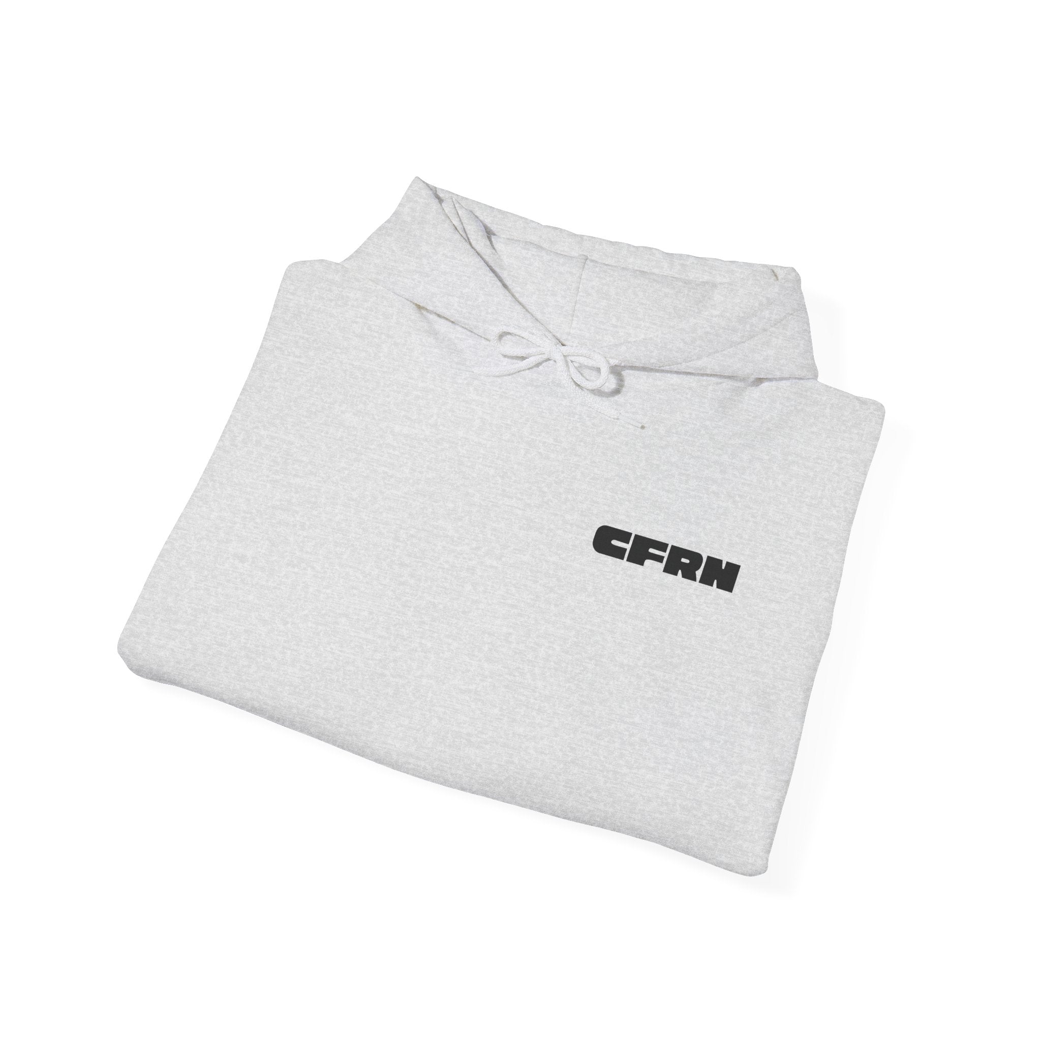 Folded gray hoodie with 'CFRN' logo on a white background