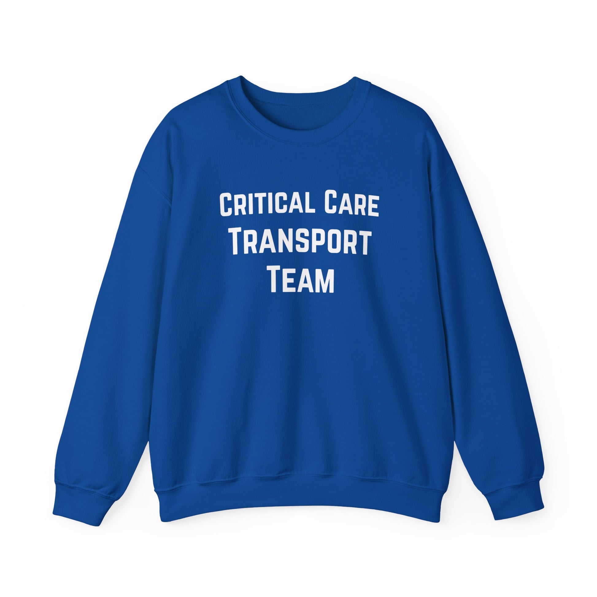Blue sweatshirt with 'Critical Care Transport Team' text by Rotor Wash & Wear