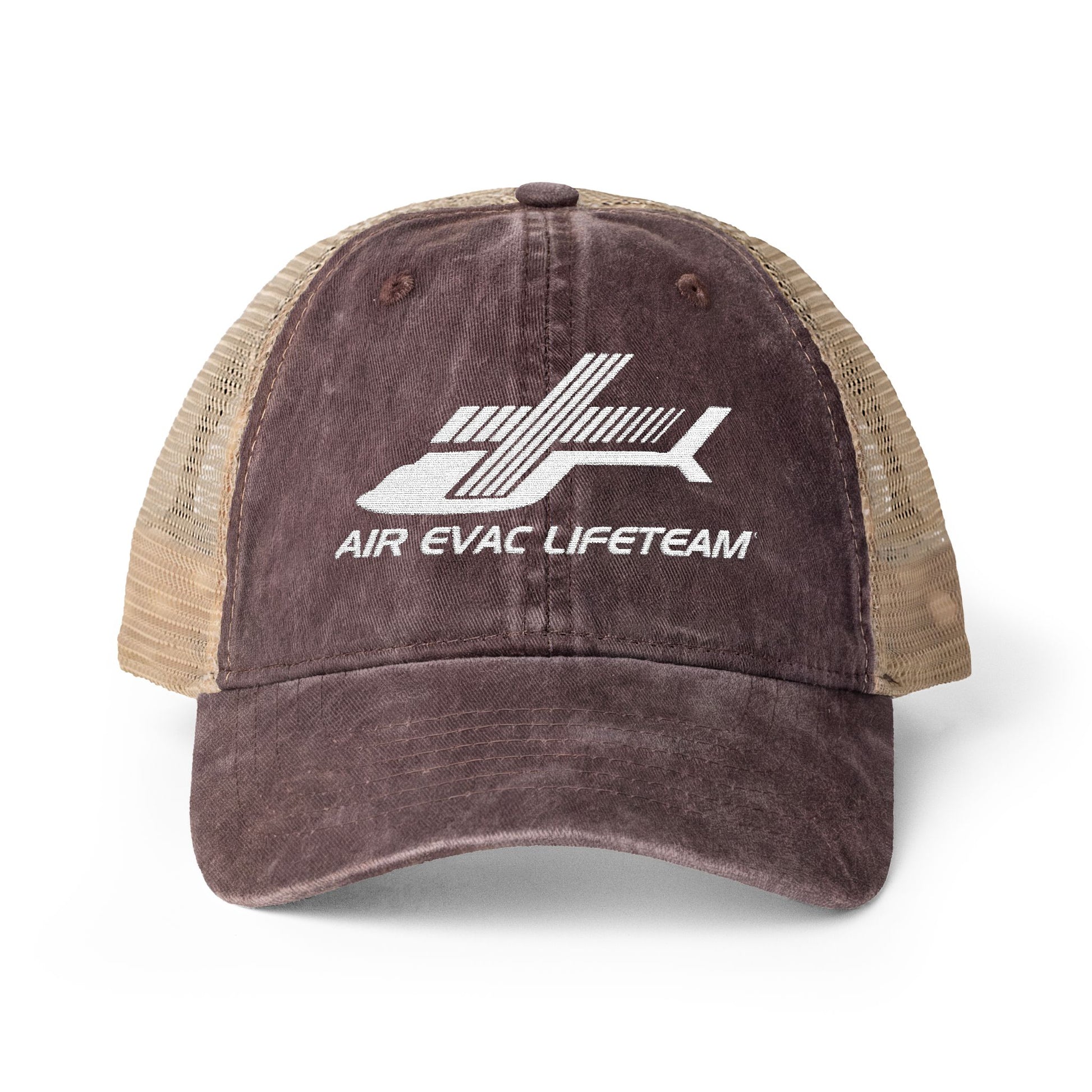 Brown women's trucker hat with beige mesh back and embroidered 'Air Evac Lifeteam' logo on a white background
