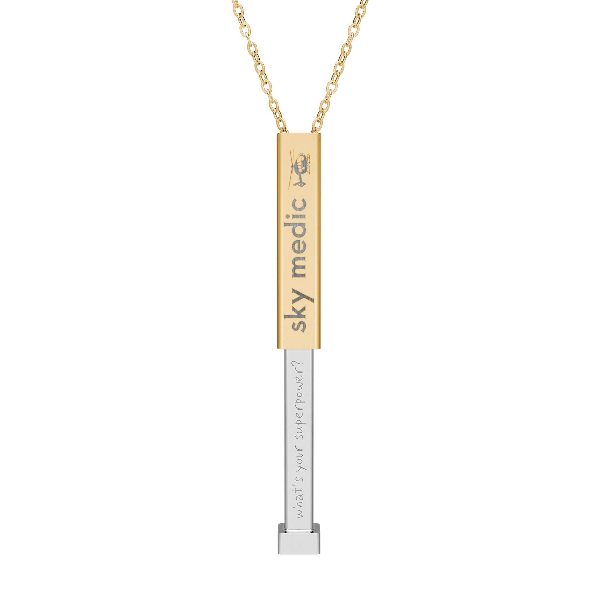 Silver and gold two-toned necklace with a cylindrical pendant engraved with 'sky medic' with hidden interior engraving "What's your superpower?" by Rotor Wash & Wear