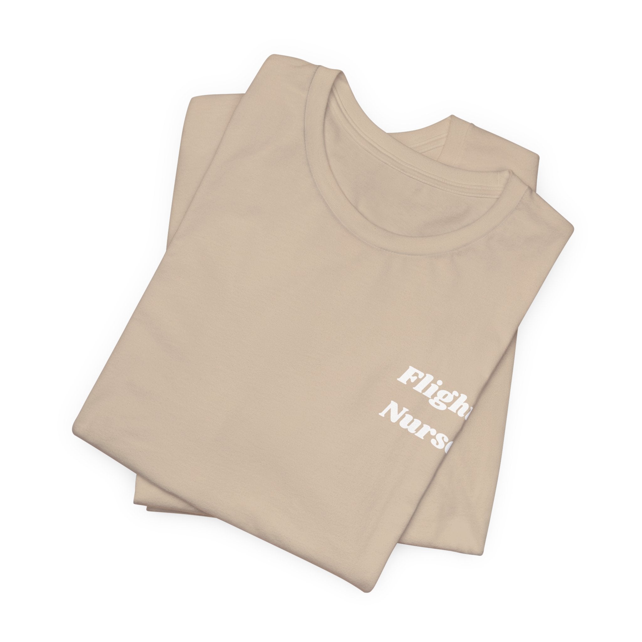 Tan t-shirt with 'Flight Nurse' text on a white background