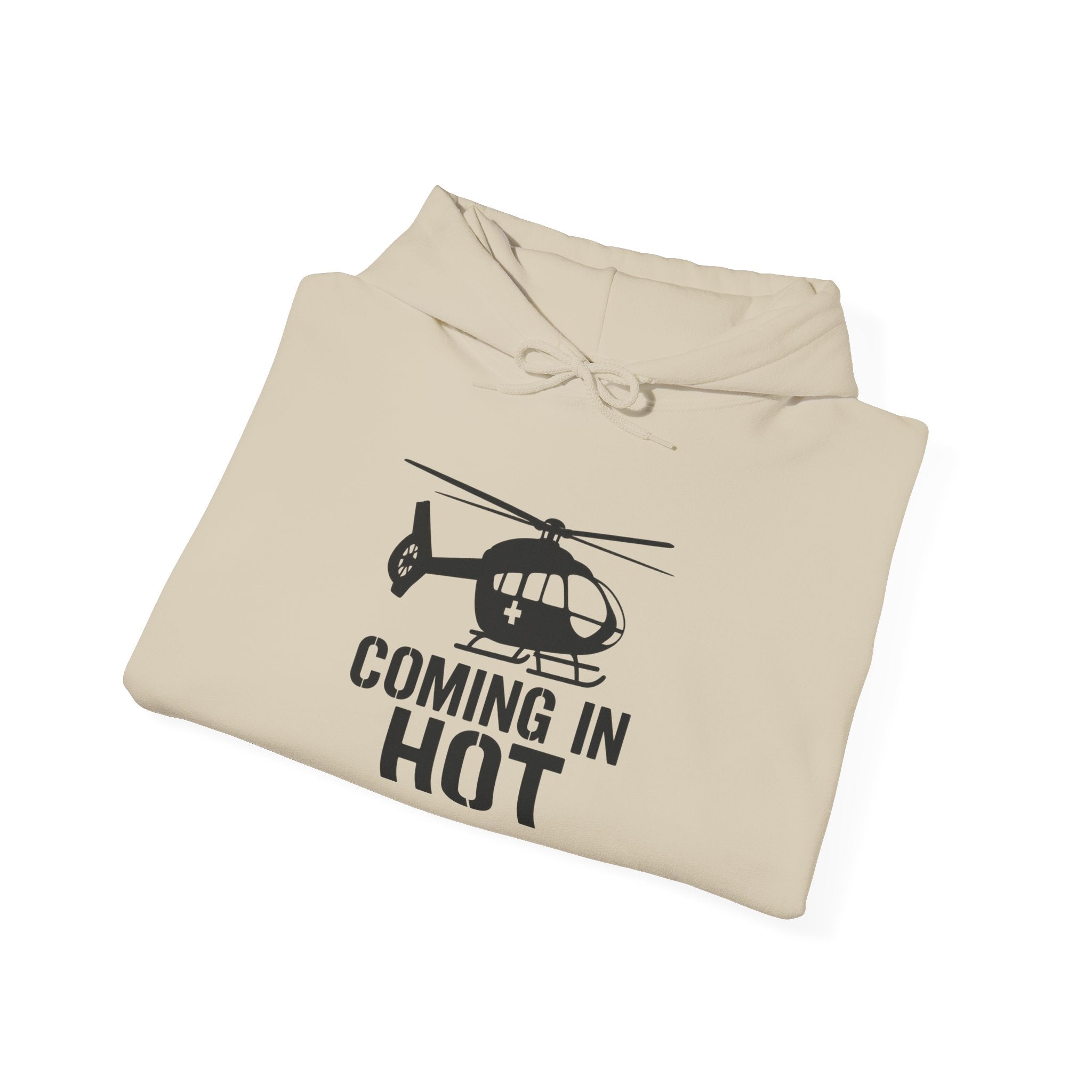 Beige hoodie with helicopter graphic and text 'Coming in Hot' on a white background
