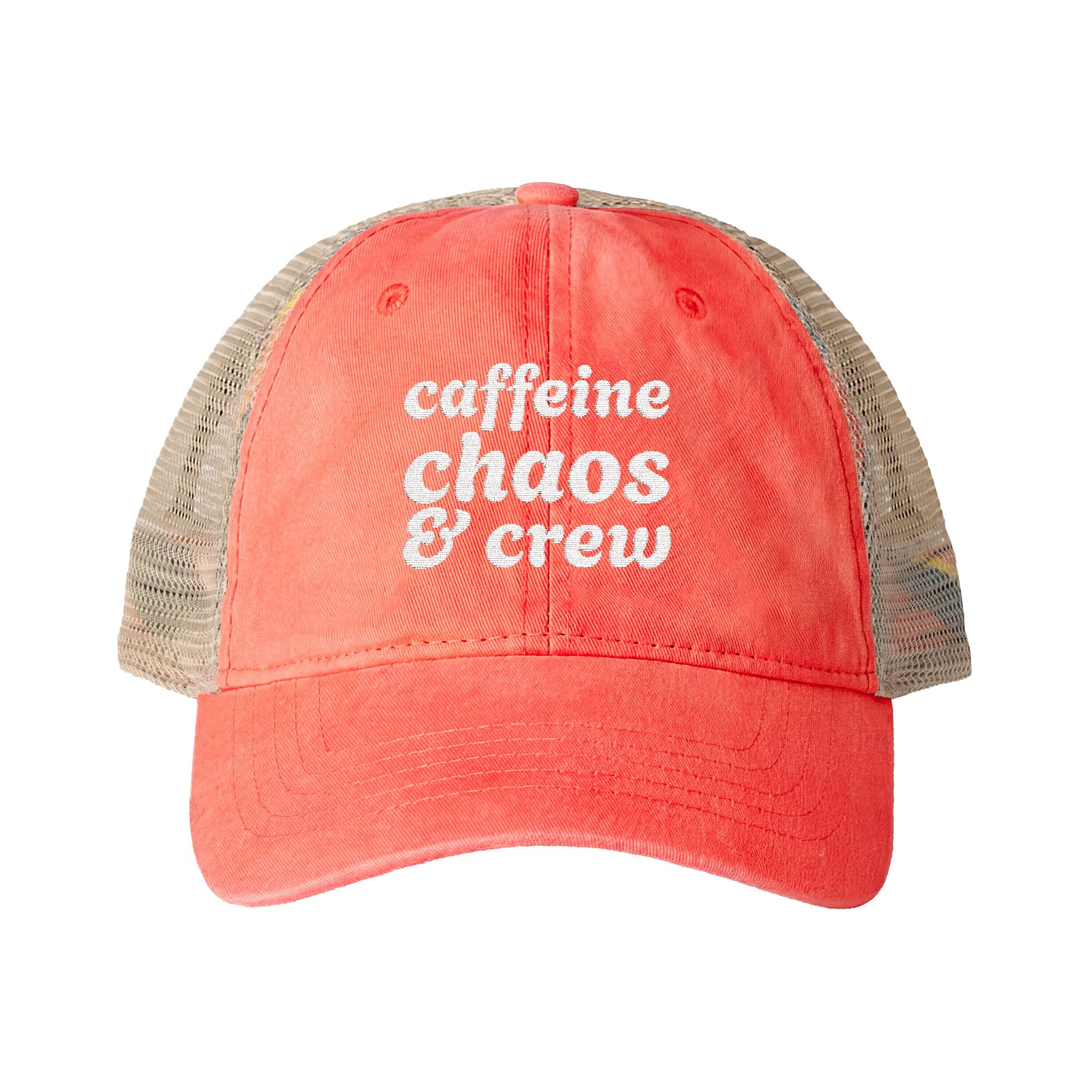 Women's "Caffeine, Chaos & Crew" Embroidered Trucker Hat