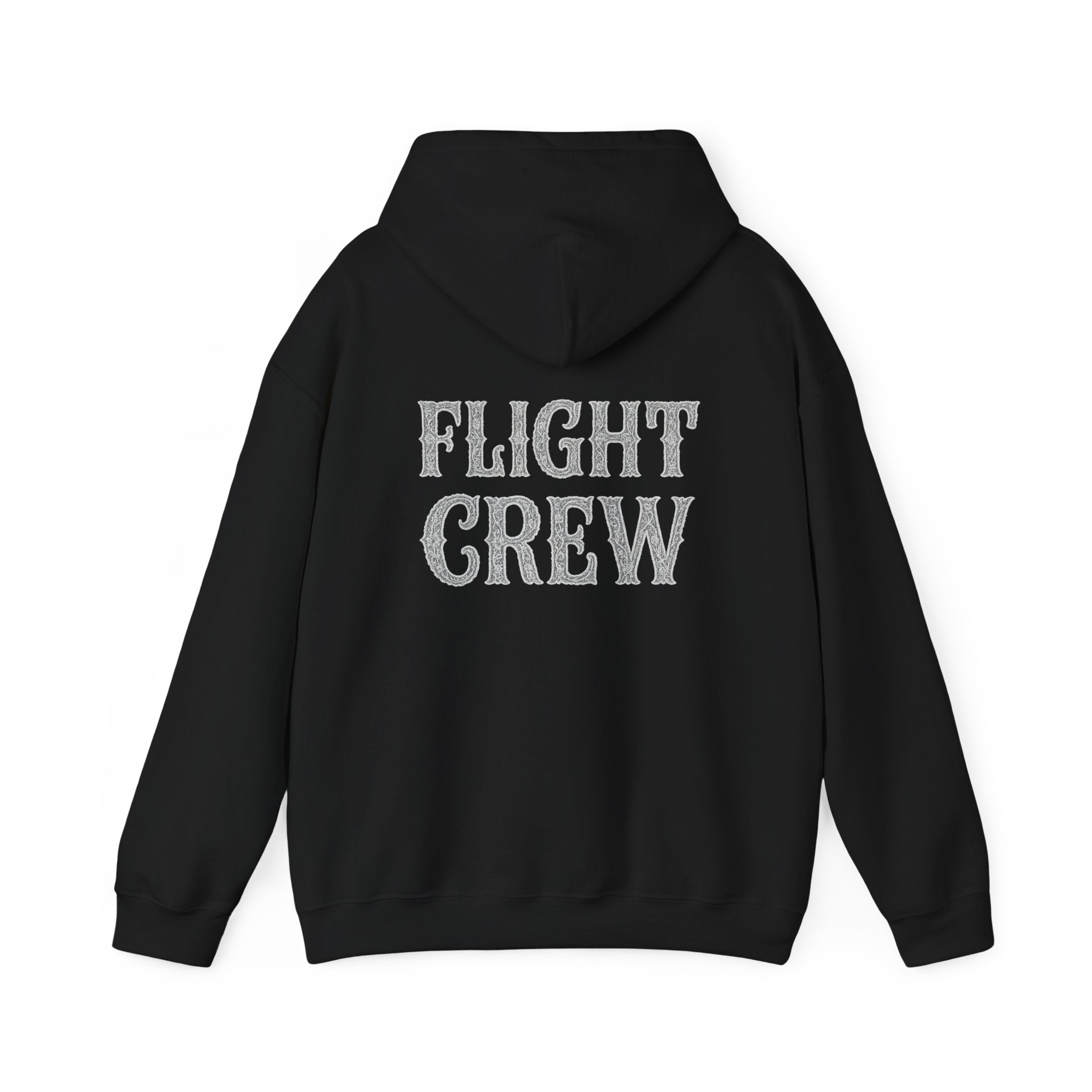 Black hoodie with 'FLIGHT CREW' text on the back against a white background
