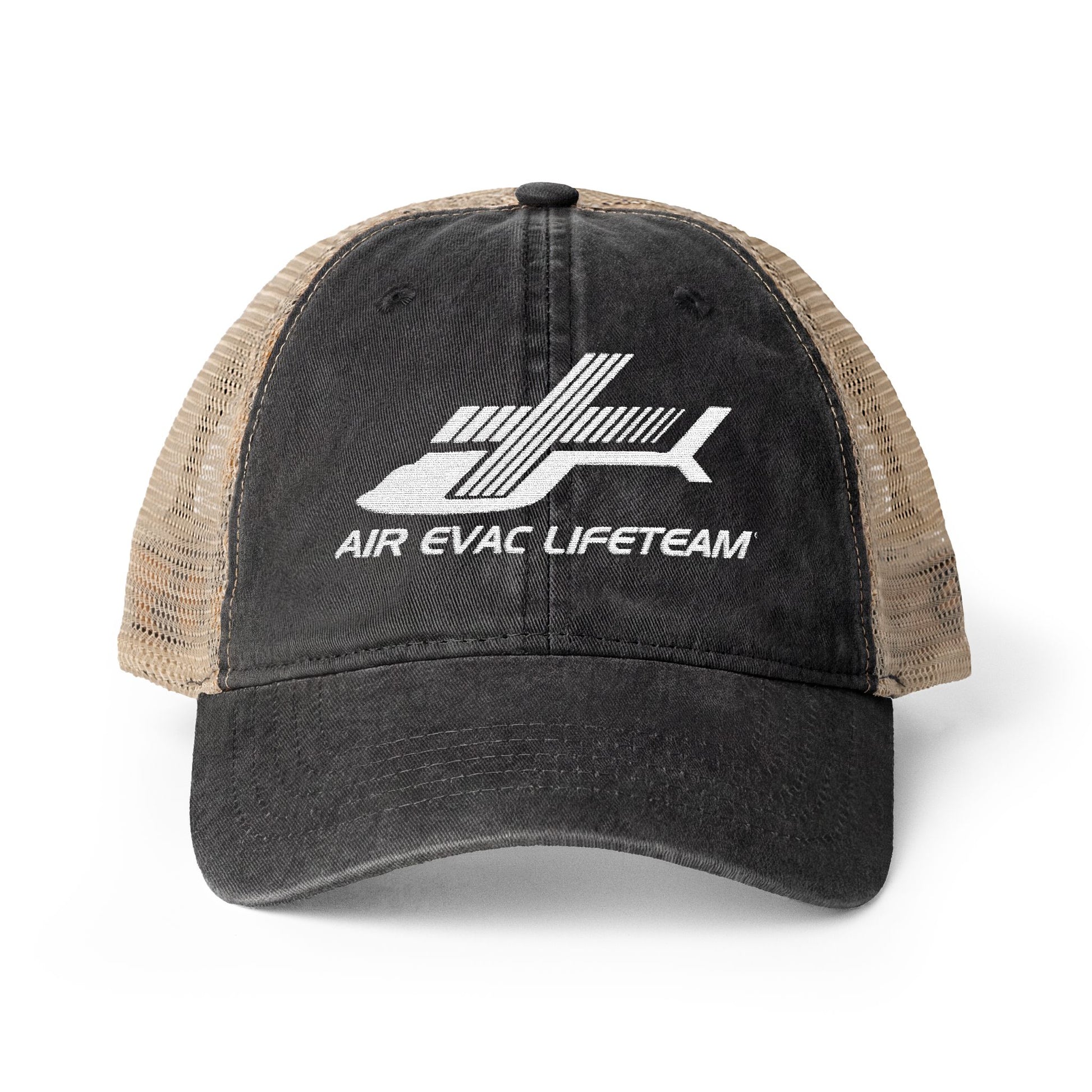 Black women's trucker hat with beige mesh back and embroidered 'Air Evac Lifeteam' logo on a white background