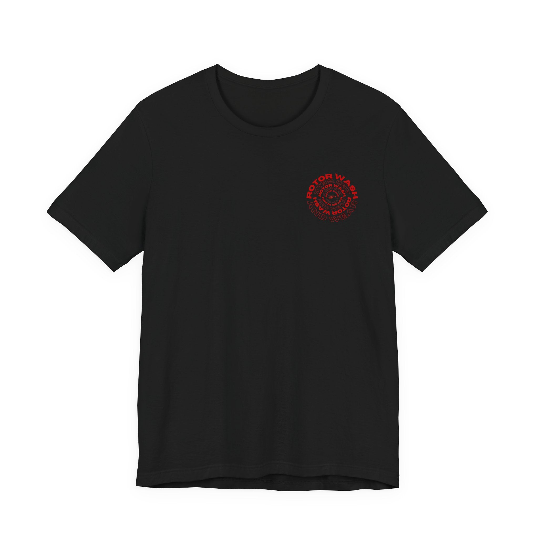 Black t-shirt with 'Rotor Wash and Wear' circular design text design on the left chest on a white background