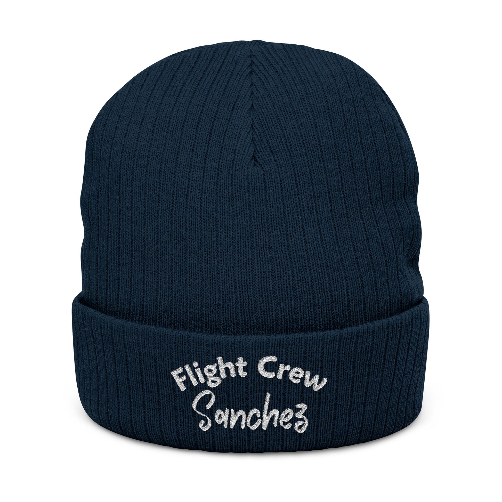 Navy blue beanie with 'Flight Crew Sanchez' embroidery on a white background