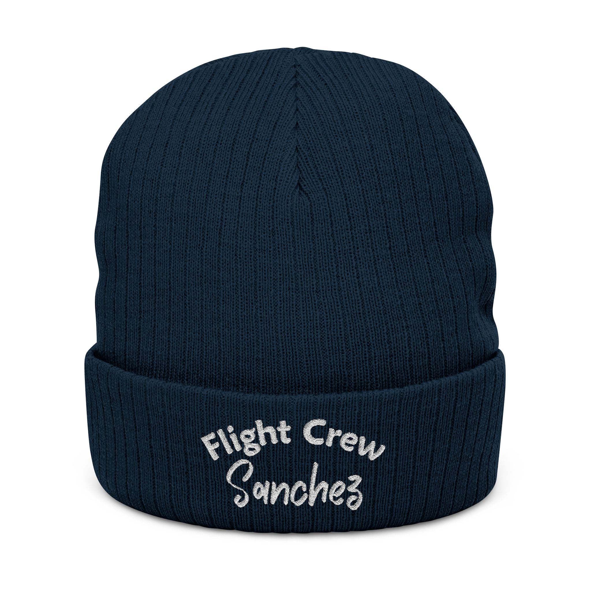 Navy blue beanie with 'Flight Crew Sanchez' embroidery on a white background