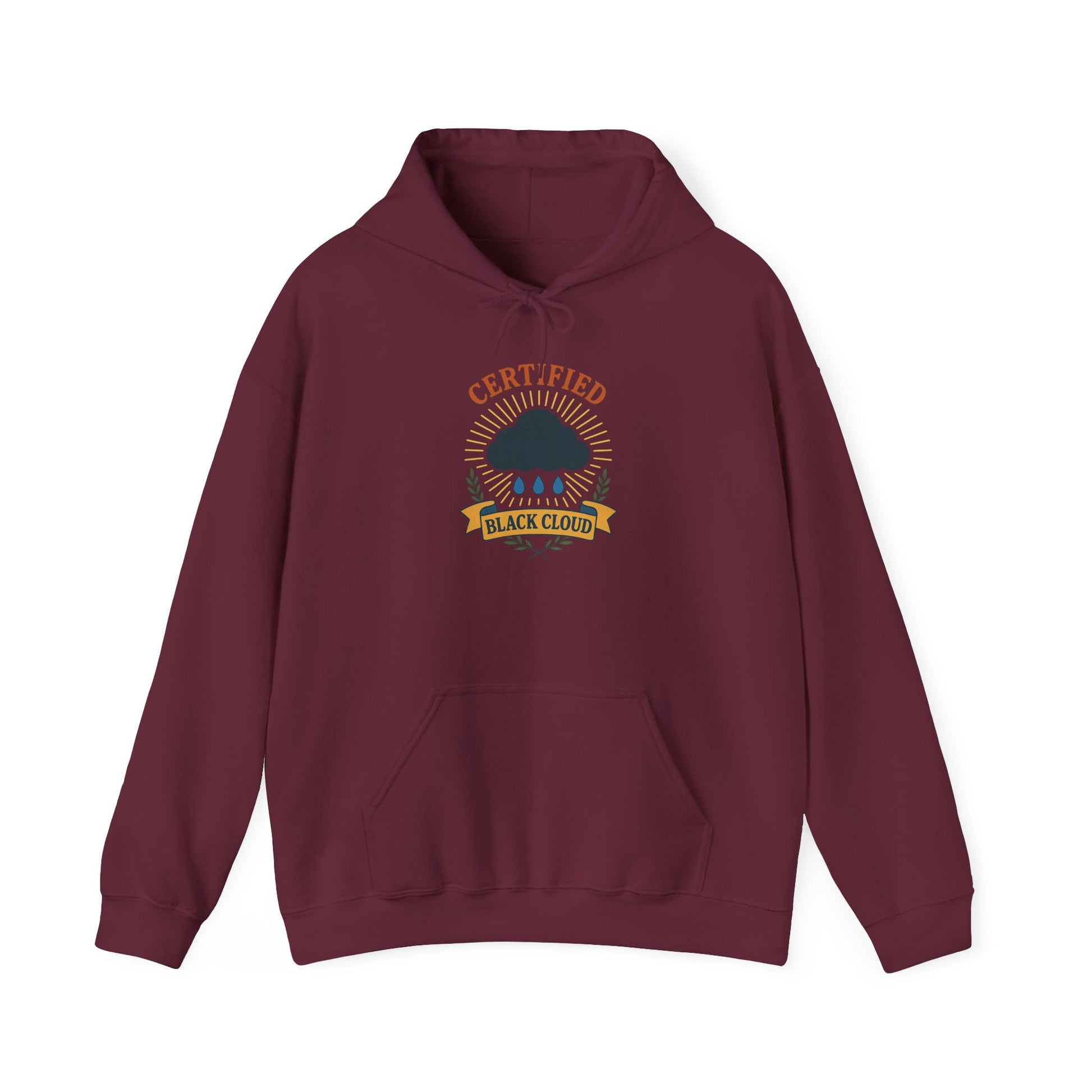 Maroon hoodie with 'Certified Black Cloud' graphic on a white background