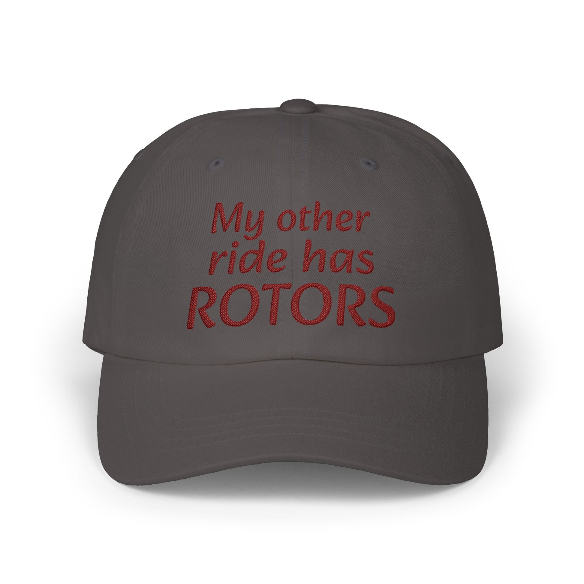 Dark gray cap with red text 'My other ride has ROTORS' on a white background