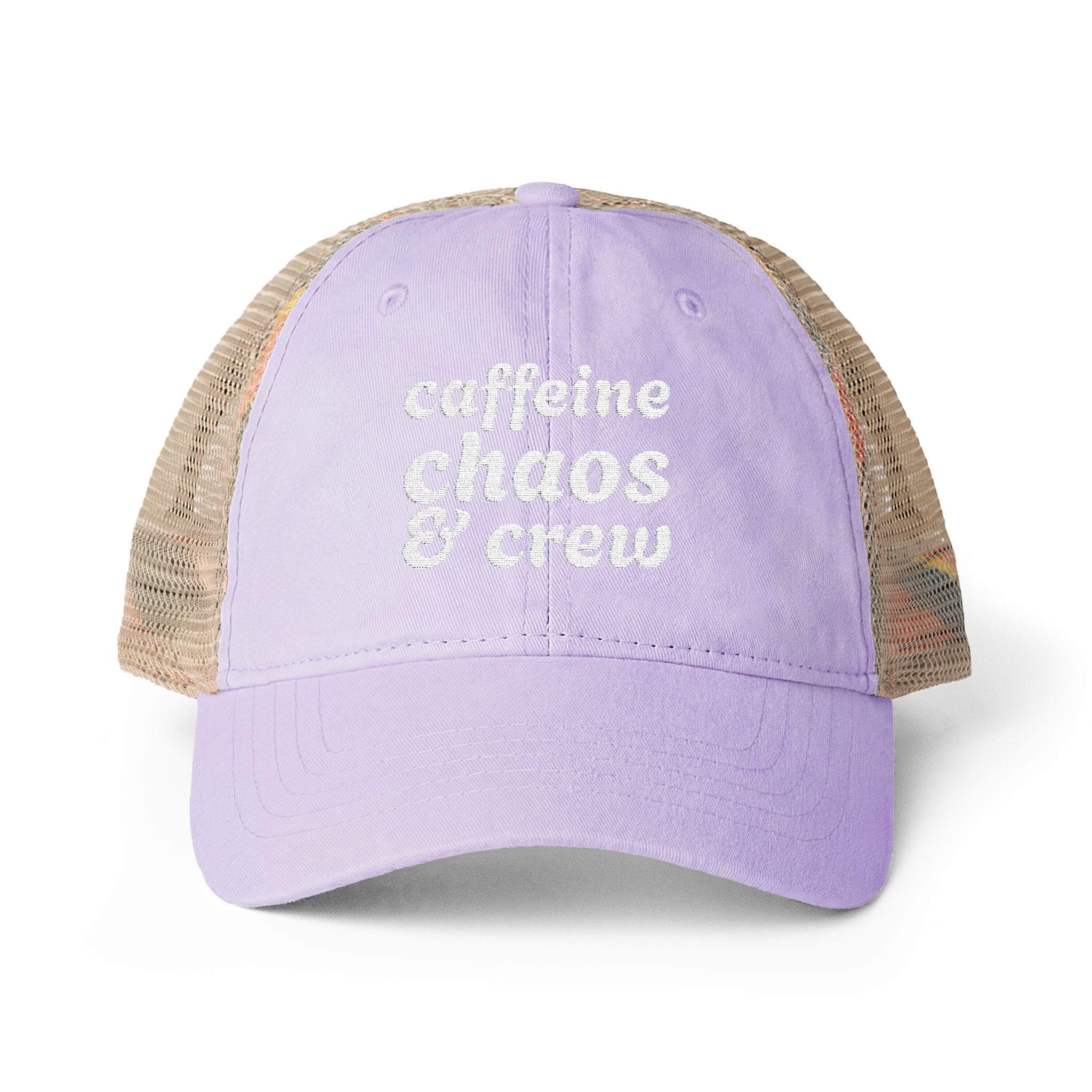 Women's "Caffeine, Chaos & Crew" Embroidered Trucker Hat