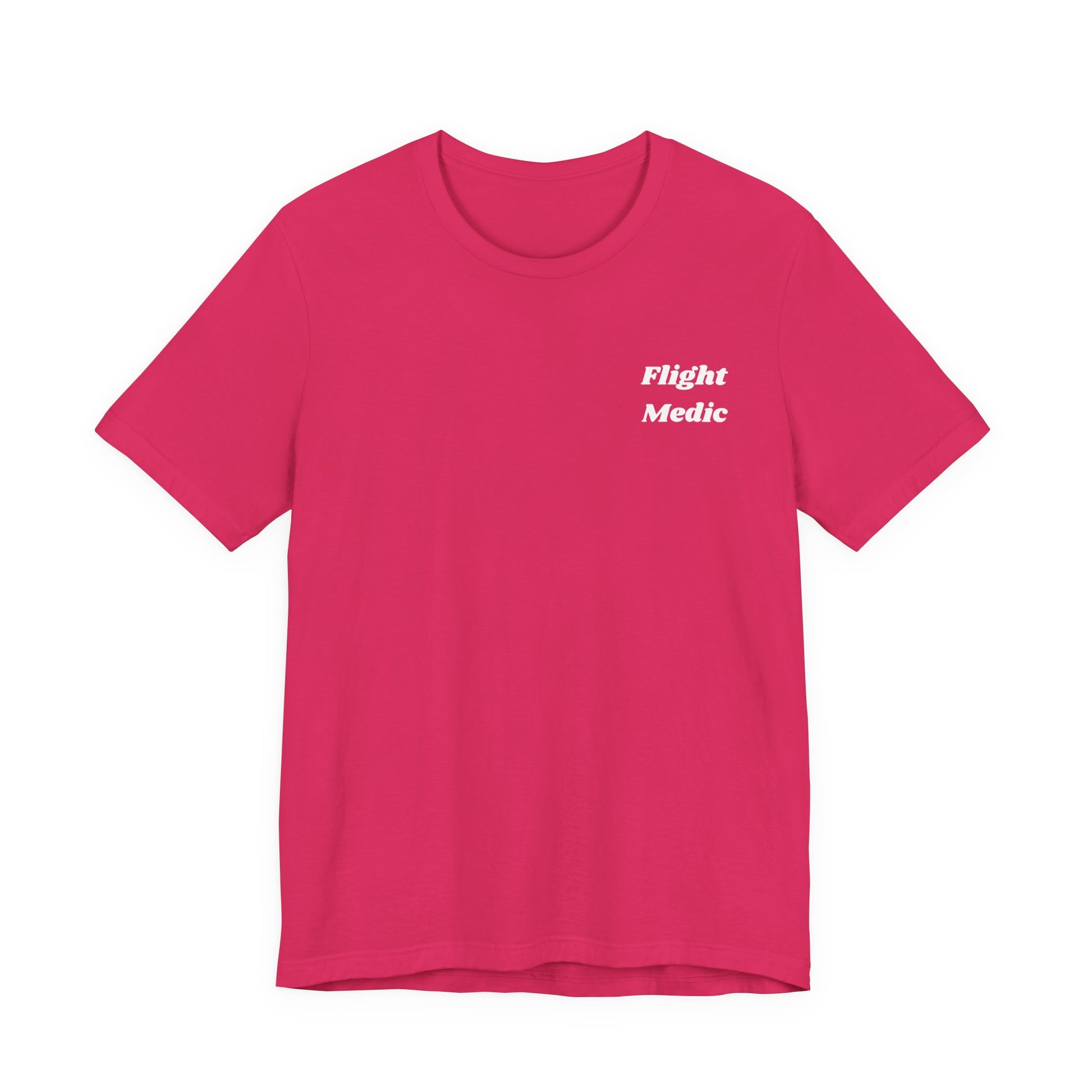 Pink t-shirt with 'Flight Medic' text on a white background