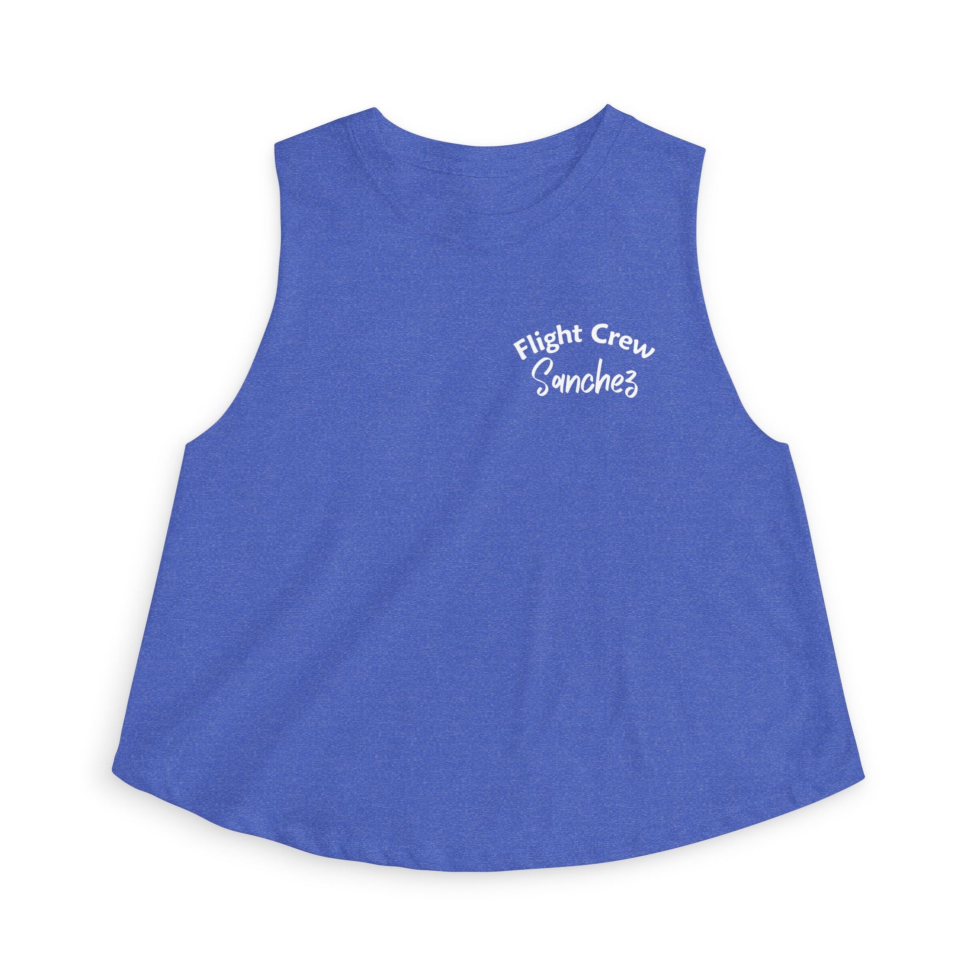 Blue sleeveless shirt with 'Flight Crew Sanchez' text by Rotor Wash & Wear