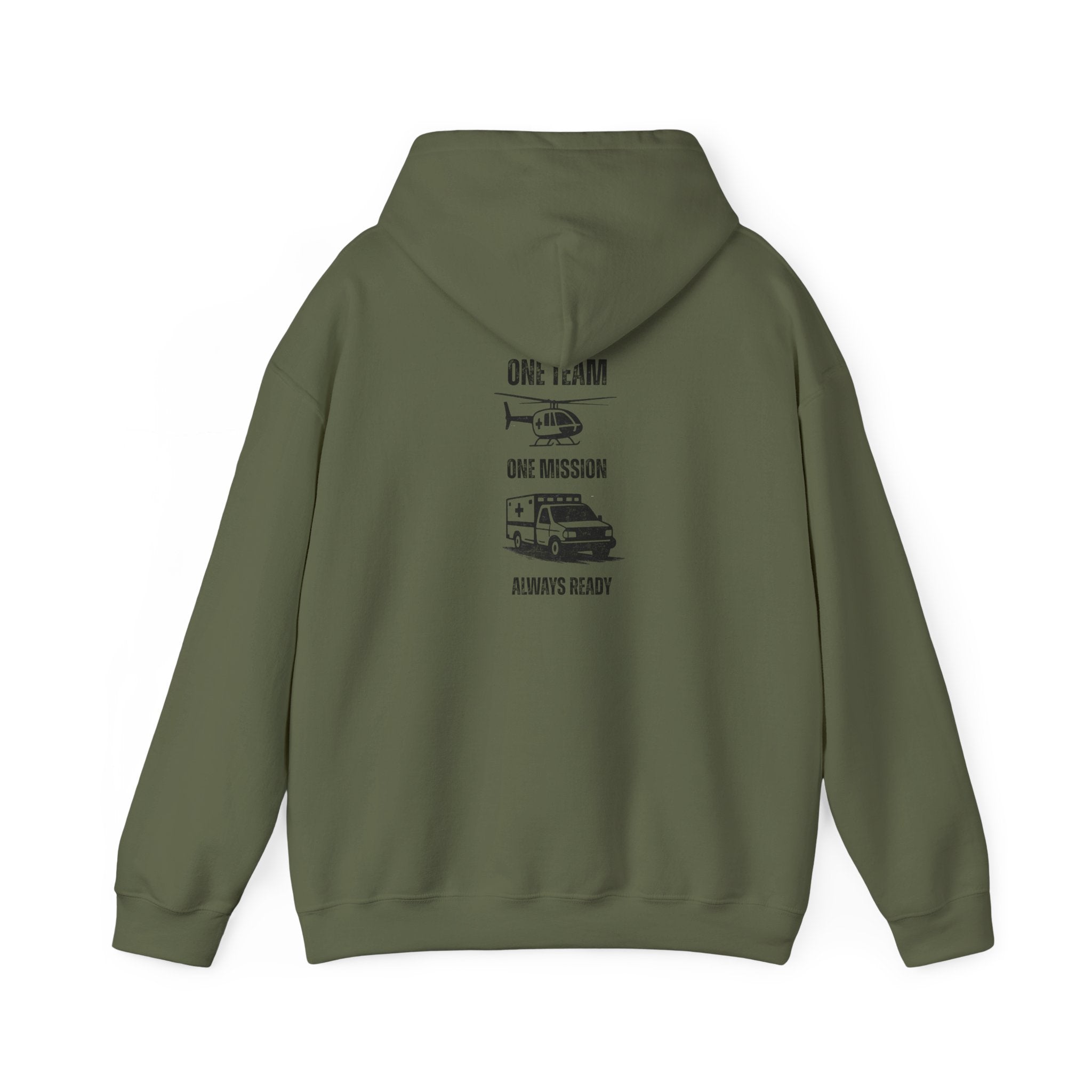 Green hoodie with black text "One team, one mission, always ready" with medical helicopter and ambulance graphics on the back against a white background