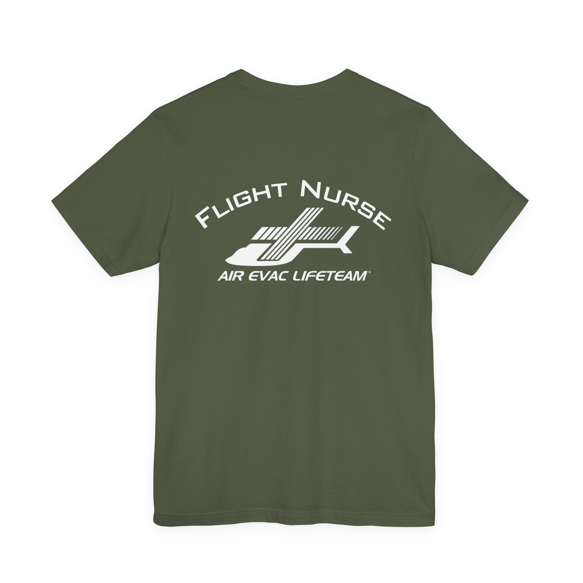 Green t-shirt with 'Flight Nurse" text and Air Evac Lifeteam' logo on the back by Rotor Wash & Wear