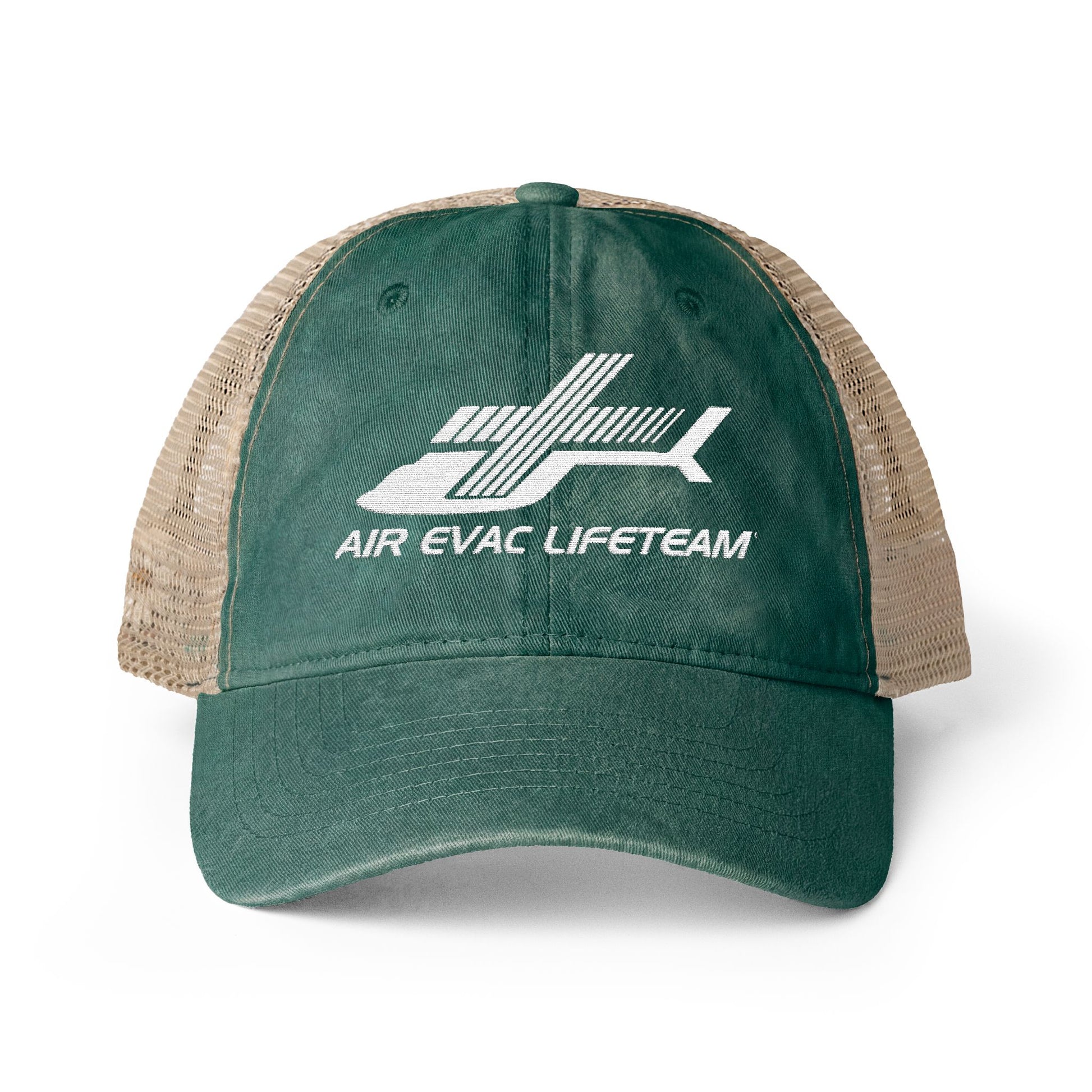 Green women's trucker hat with beige mesh back and embroidered 'Air Evac Lifeteam' logo on a white background