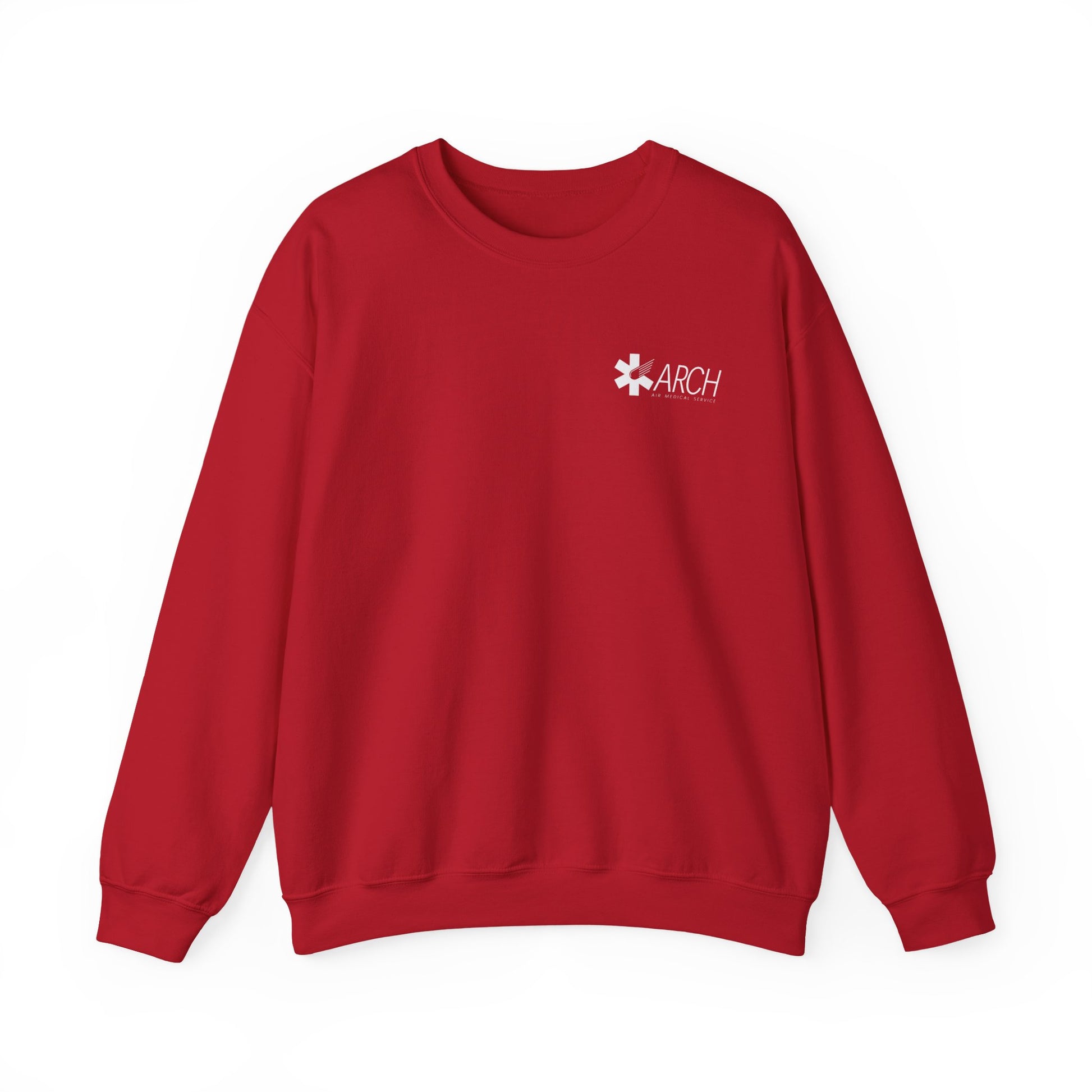 Red crewneck sweatshirt with a small ARCH by Air Methods logo on the left chest by Rotor Wash & Wear