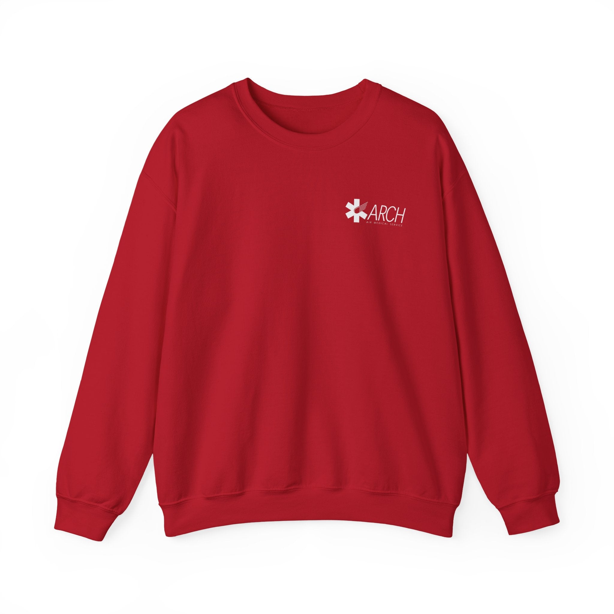 Red crewneck sweatshirt with a small ARCH by Air Methods logo on the left chest by Rotor Wash & Wear