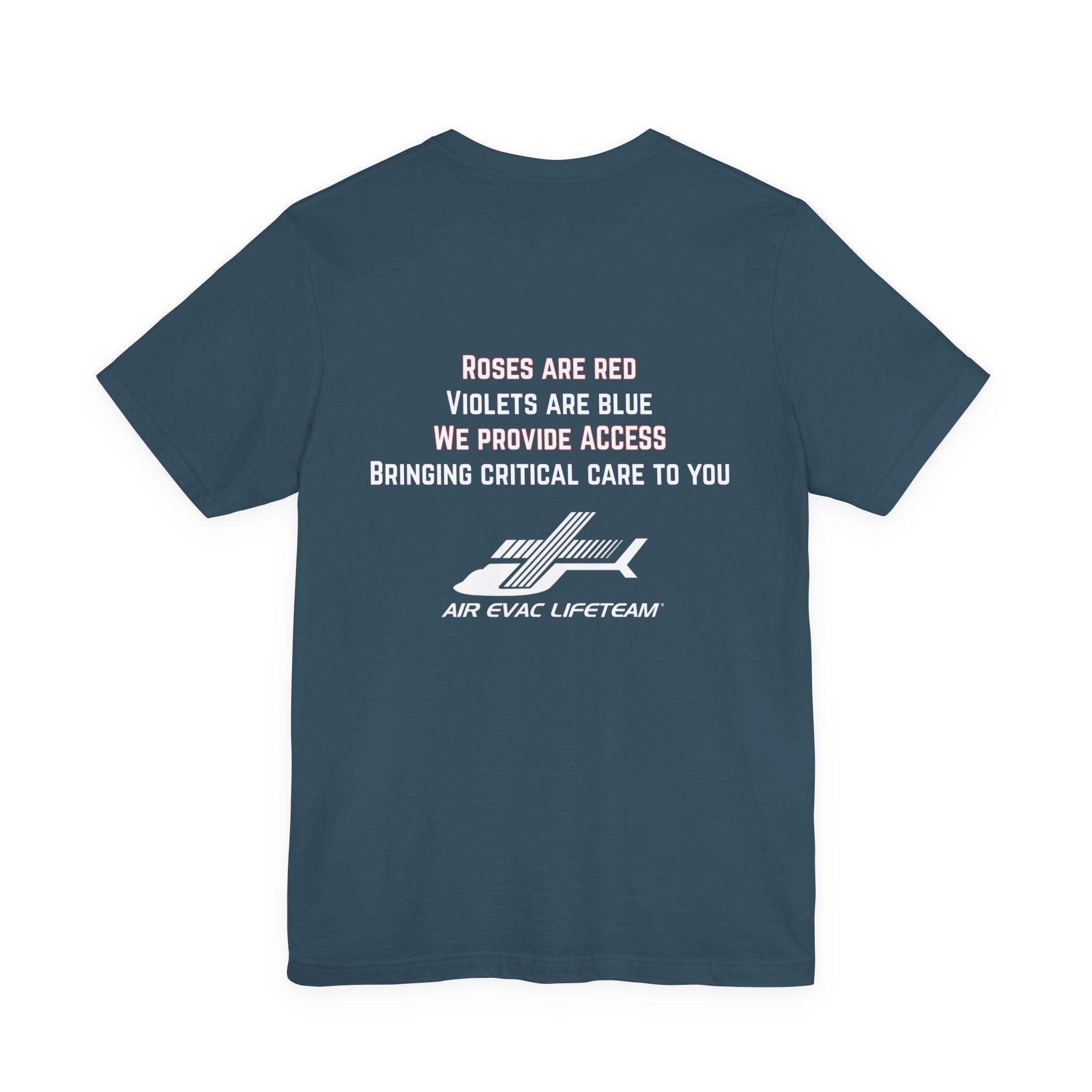 Seep teal t-shirt with Valentine's day poem and Air Evac Lifeteam logo on a white background