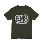 Dark olive t-shirt with graffiti style 'EMS' logo on the back against a white background