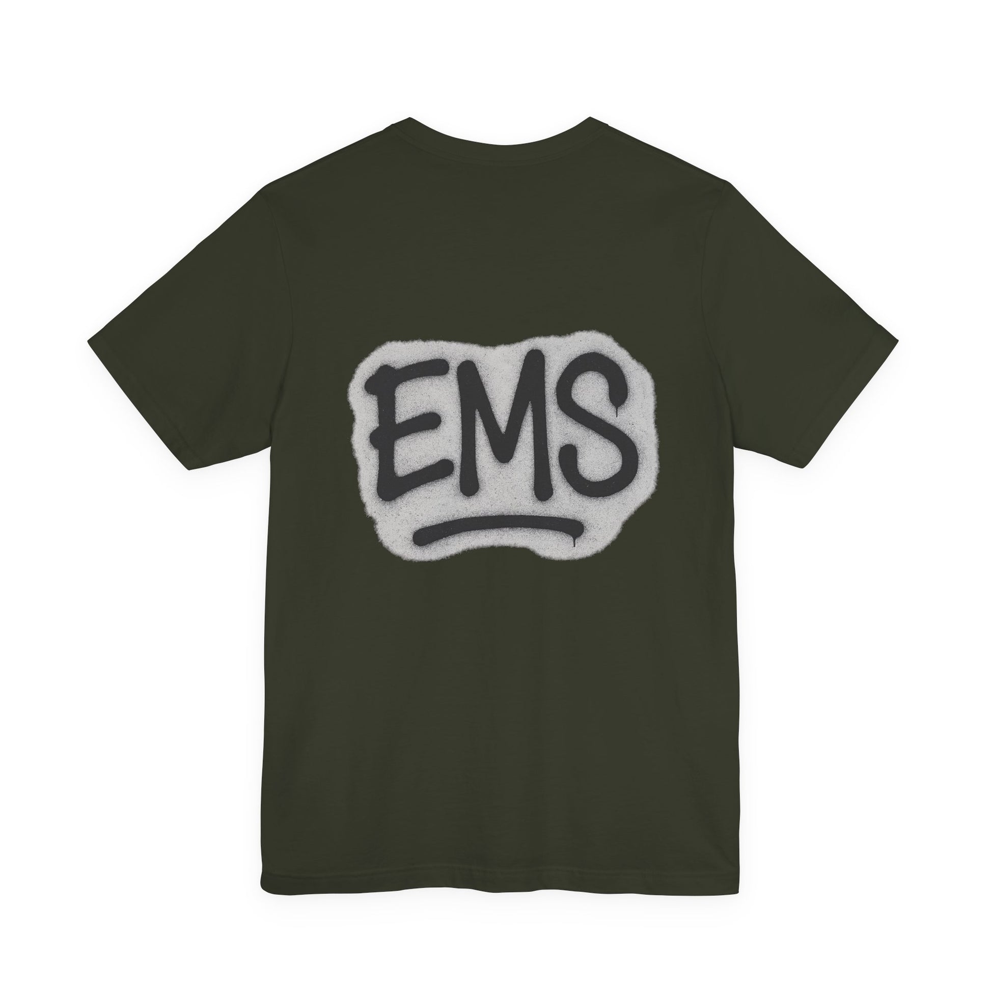 Dark olive t-shirt with graffiti style 'EMS' logo on the back against a white background