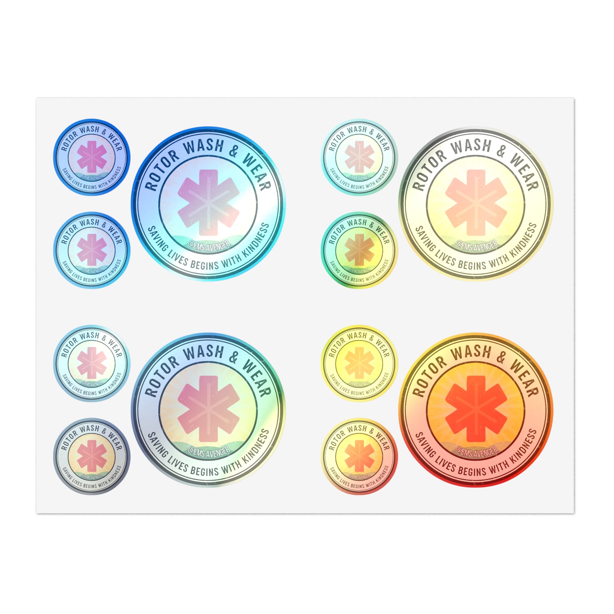 Set of holographic Rotor Wash & Wear & EMS Avenger stickers with text "Saving Lives Begins With Kindness"