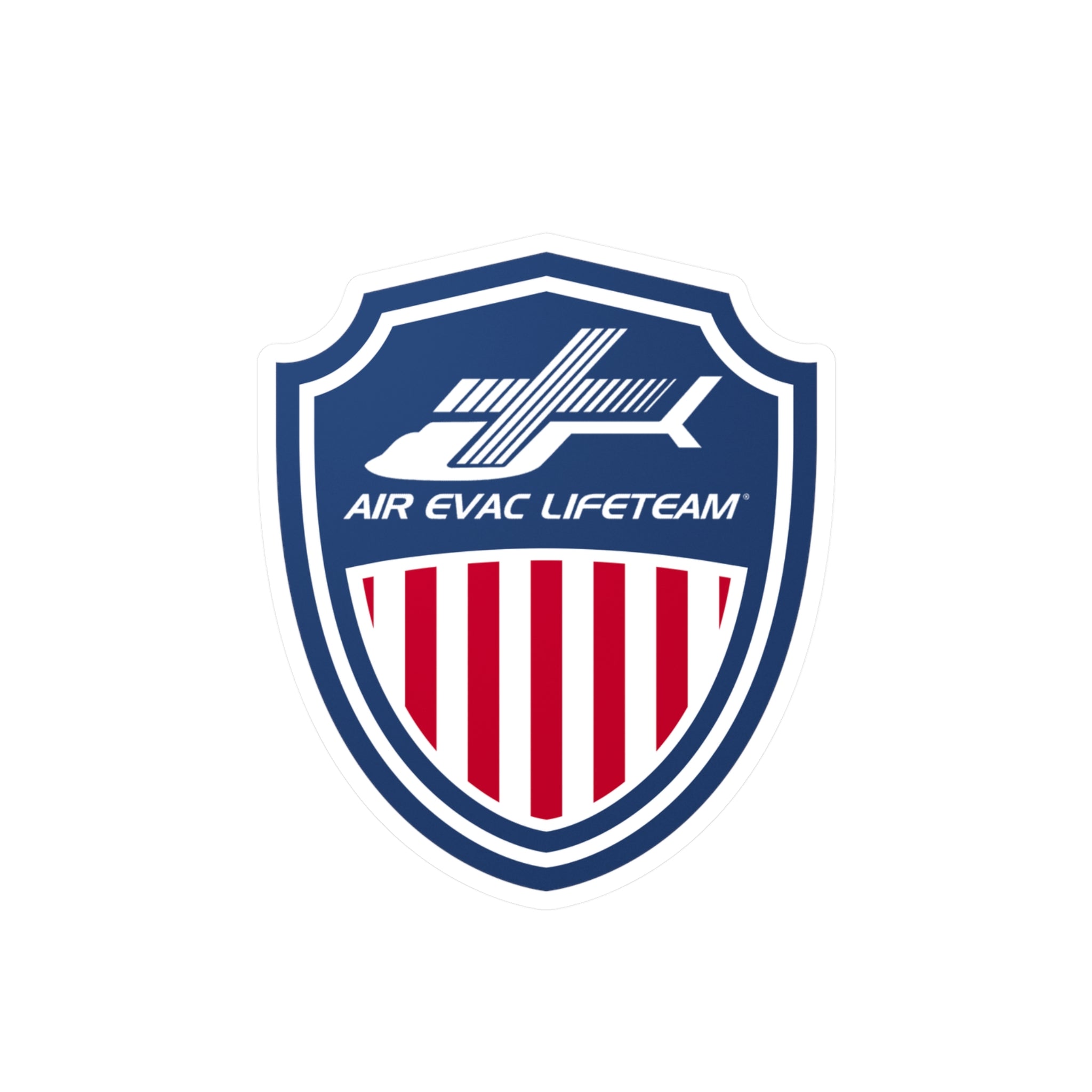 Sticker of an Air Evac Lifeteam logo on a patriotic shield by Rotor Wash & Wear