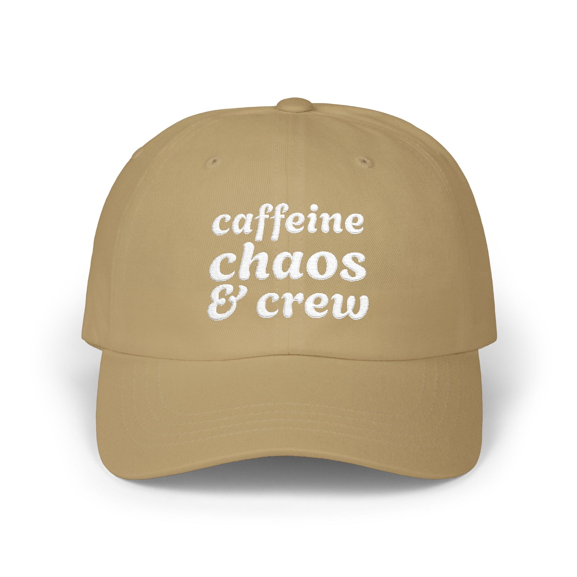 Khaki cap with 'cafeine chaos & crew' text on a white background