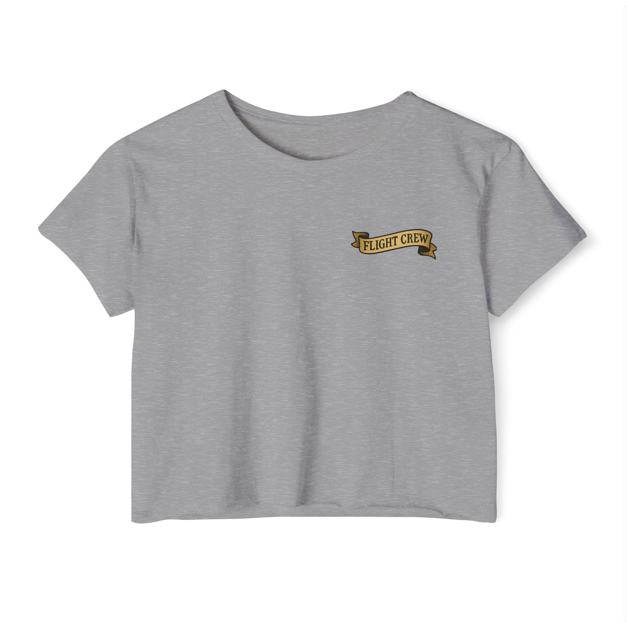 Gray crop top with 'FLIGHT CREW' text on a white background