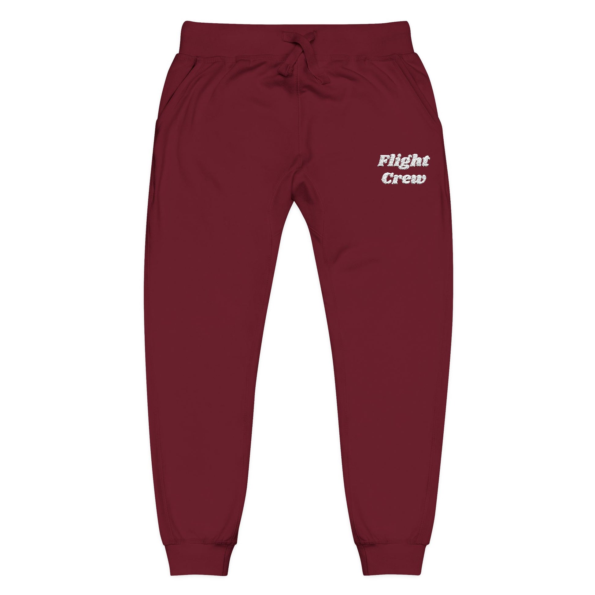 Maroon  joggers with 'Flight Crew' embroidered text on a white background