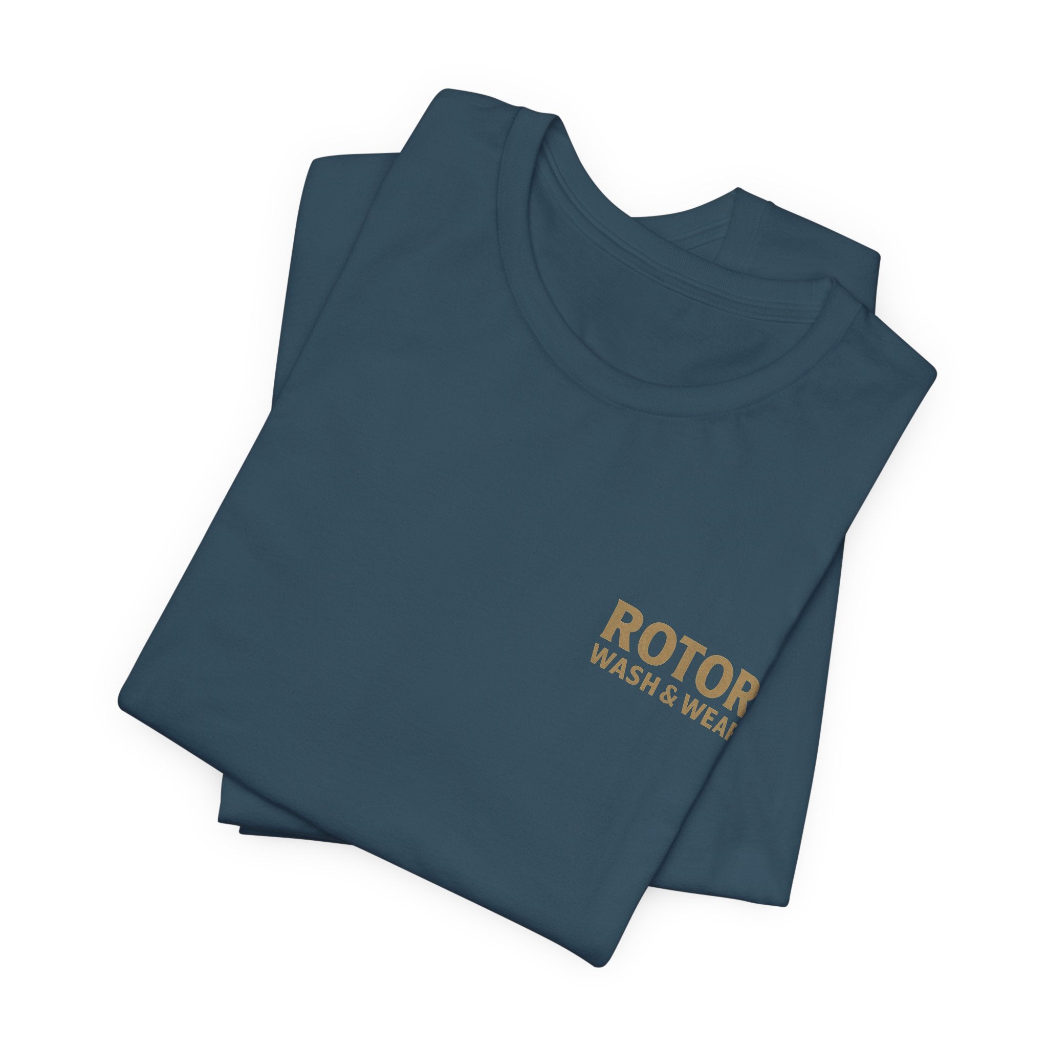 Folded blue t-shirt with 'Rotor Wash & Wear' text on a white background