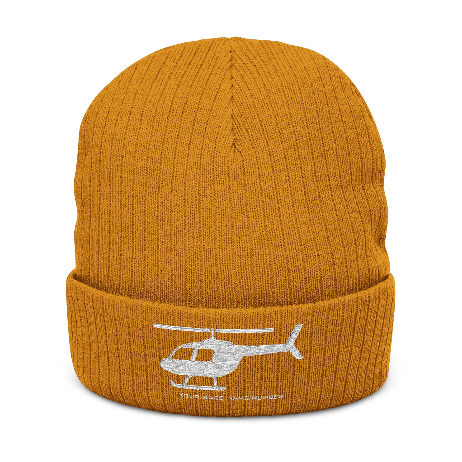Orange beanie with helicopter design on a white background