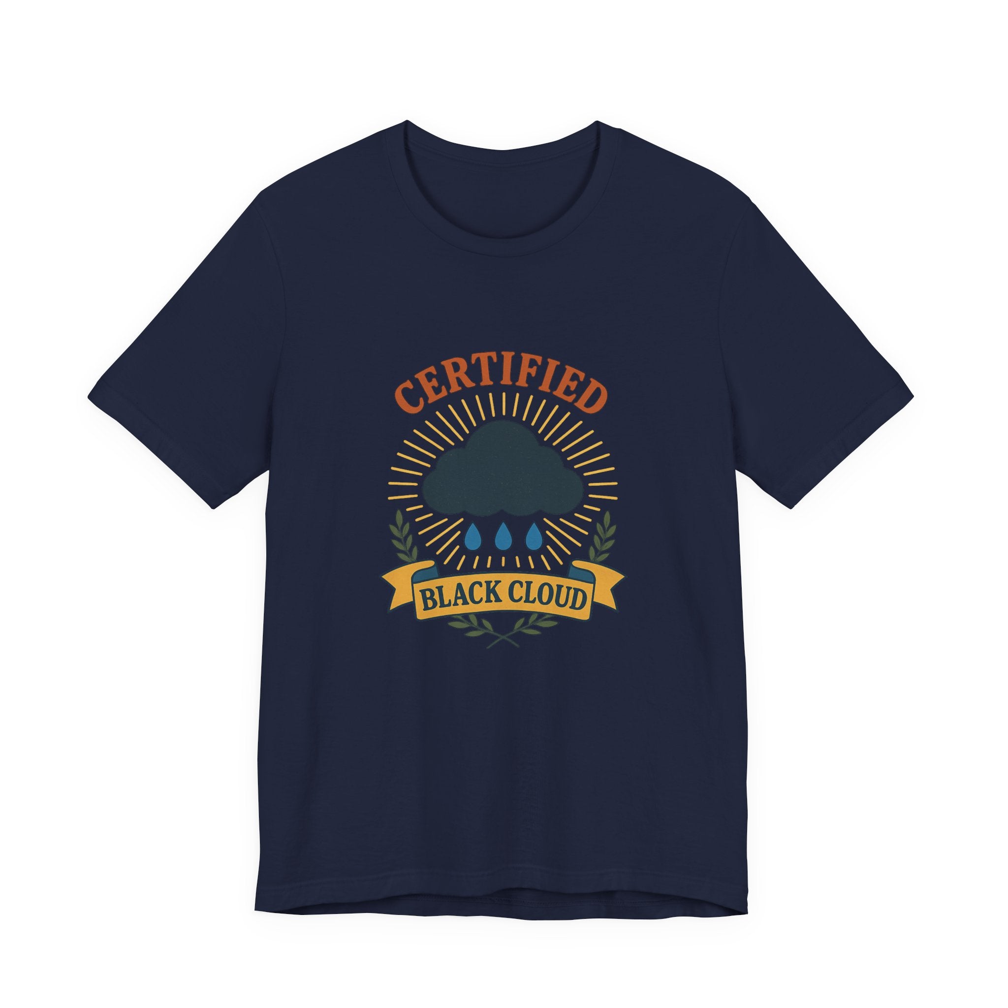 Navy blue t-shirt with 'Certified Black Cloud' graphic design on a white background