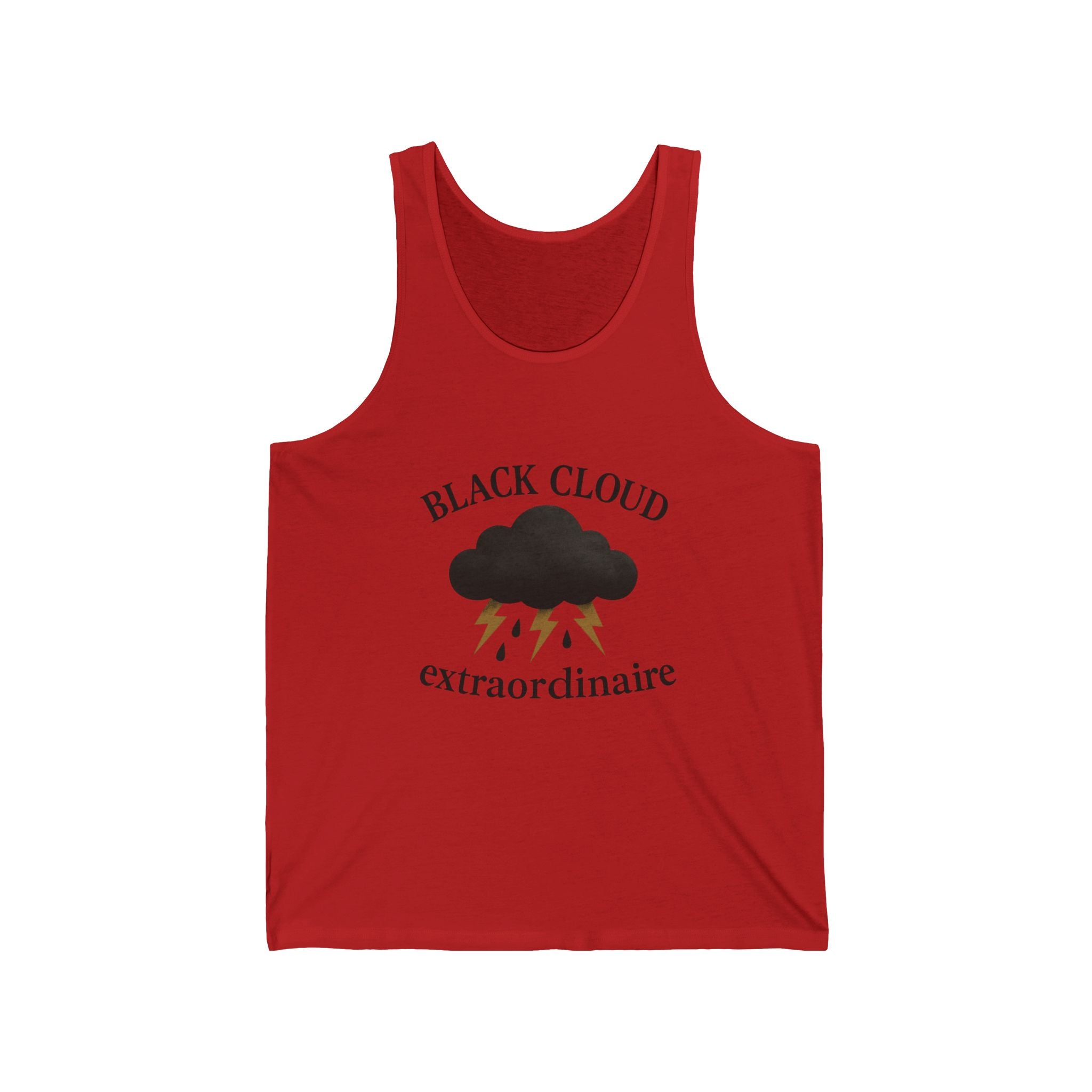 Red tank top with black cloud graphic and text "Black Cloud Extraordinaire" on a white background
