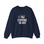 Navy blue sweatshirt with helicopter graphic and text 'COMING IN HOT' by Rotor Wash & Wear