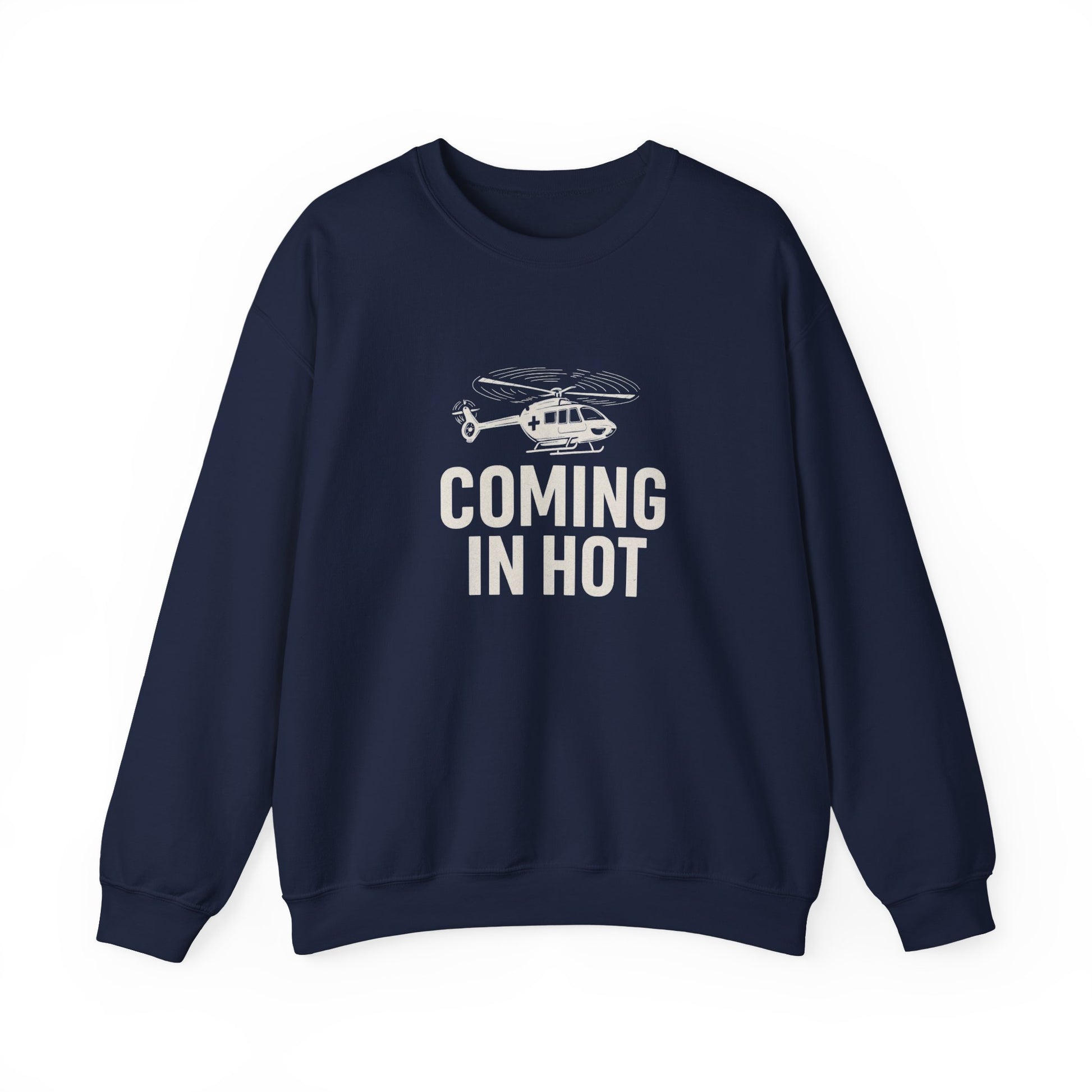 Navy blue sweatshirt with helicopter graphic and text 'COMING IN HOT' by Rotor Wash & Wear