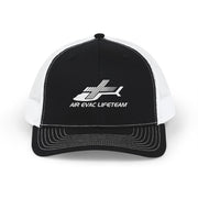Black and white Richardson 112 trucker hat with 'Air Evac Lifeteam' logo by Rotor Wash & Wear