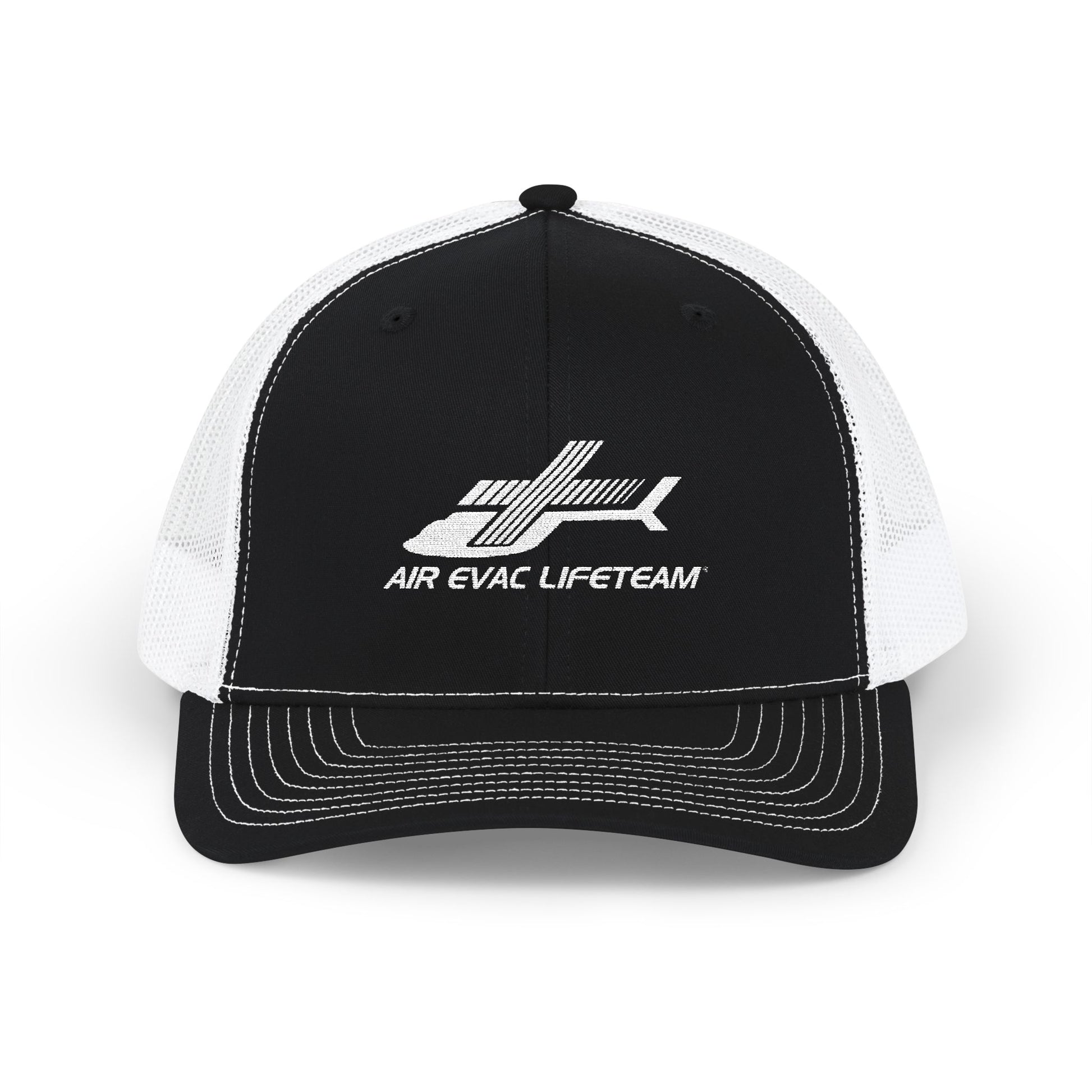 Black and white Richardson 112 trucker hat with 'Air Evac Lifeteam' logo by Rotor Wash & Wear