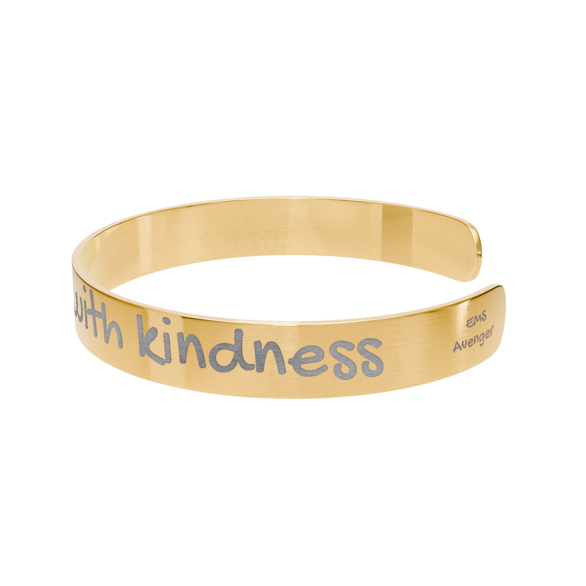 Gold bracelet with engraved text "saving lives begins with kindness" by Rotor Wash & Wear and EMS Avenger