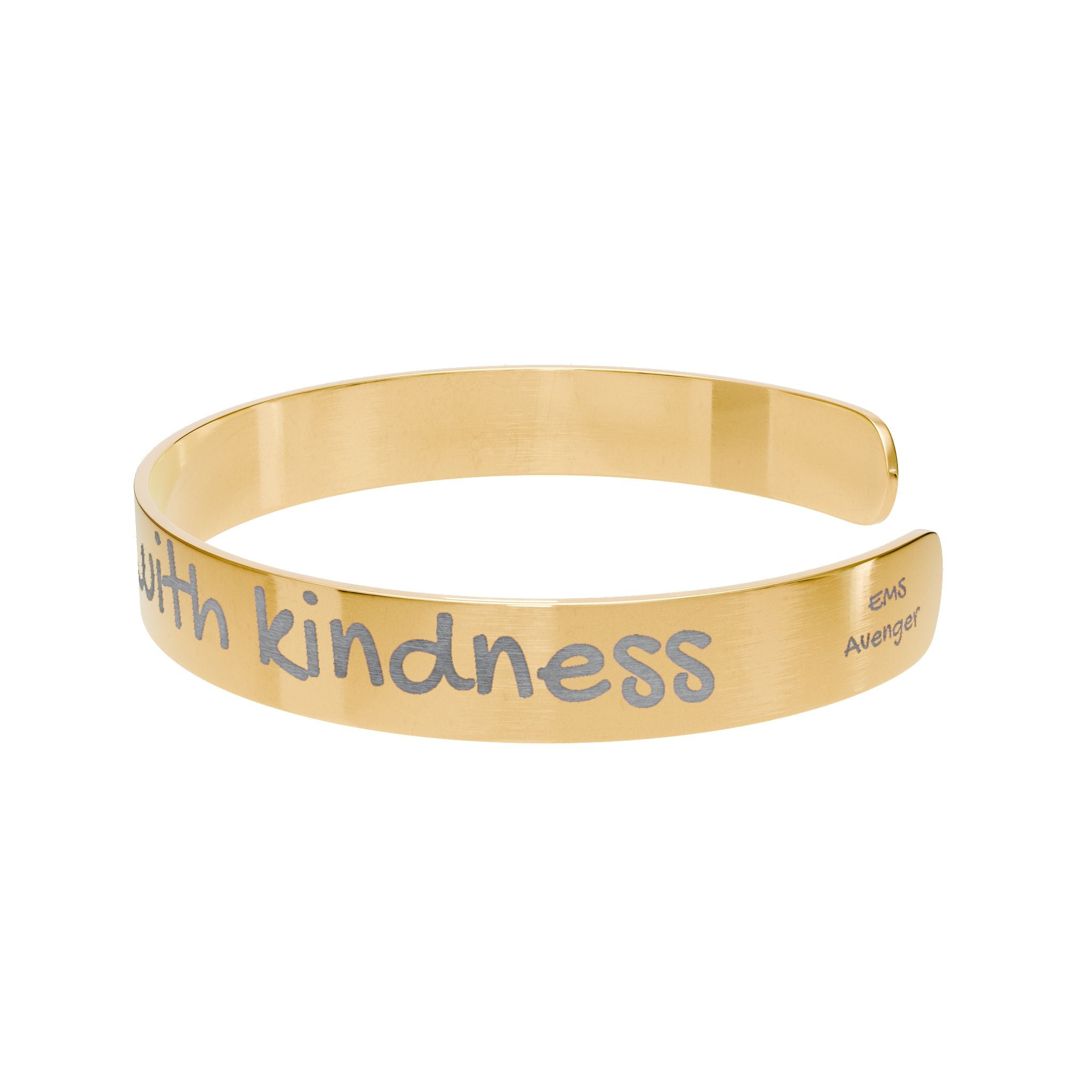 Gold bracelet with engraved text "saving lives begins with kindness" by Rotor Wash & Wear and EMS Avenger