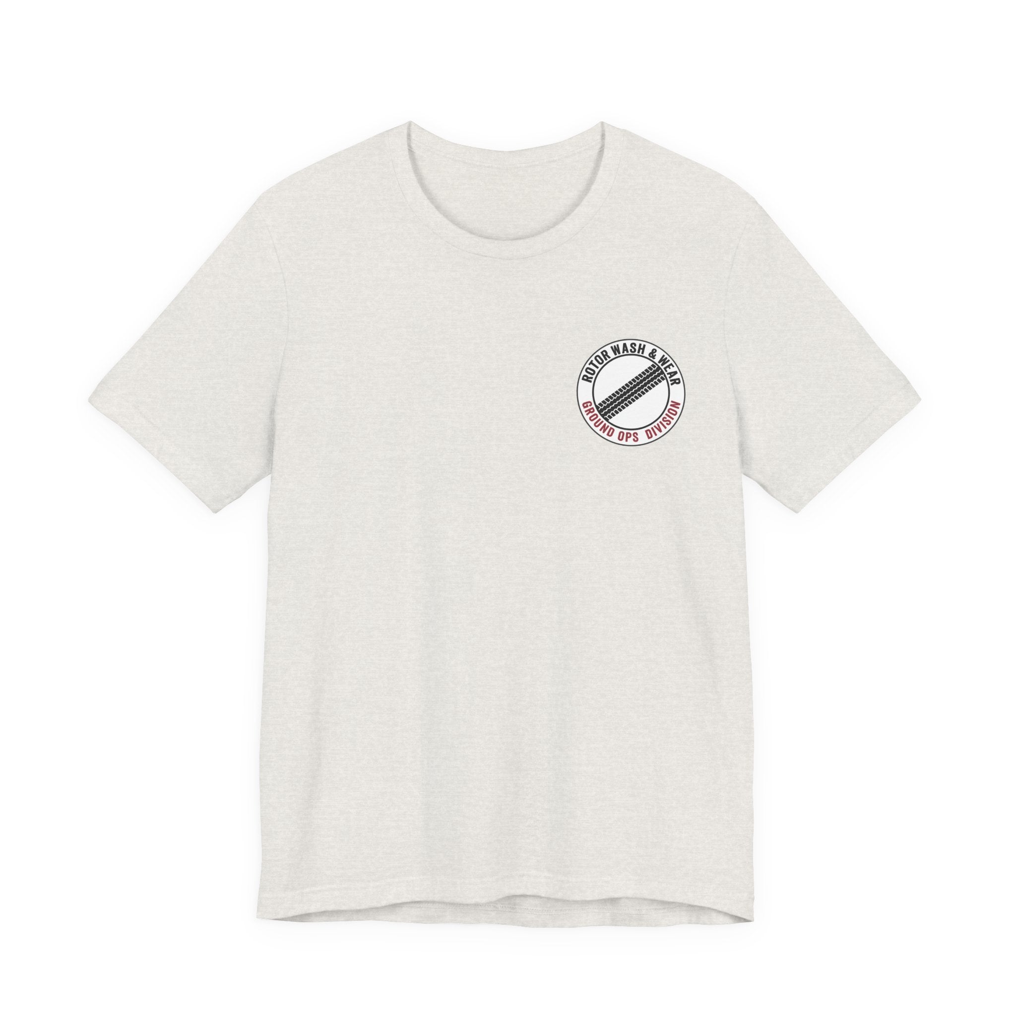 Heather Cement t-shirt with a "Rotor Wash & Wear - Ground Ops Division" logo on the left chest on a white background